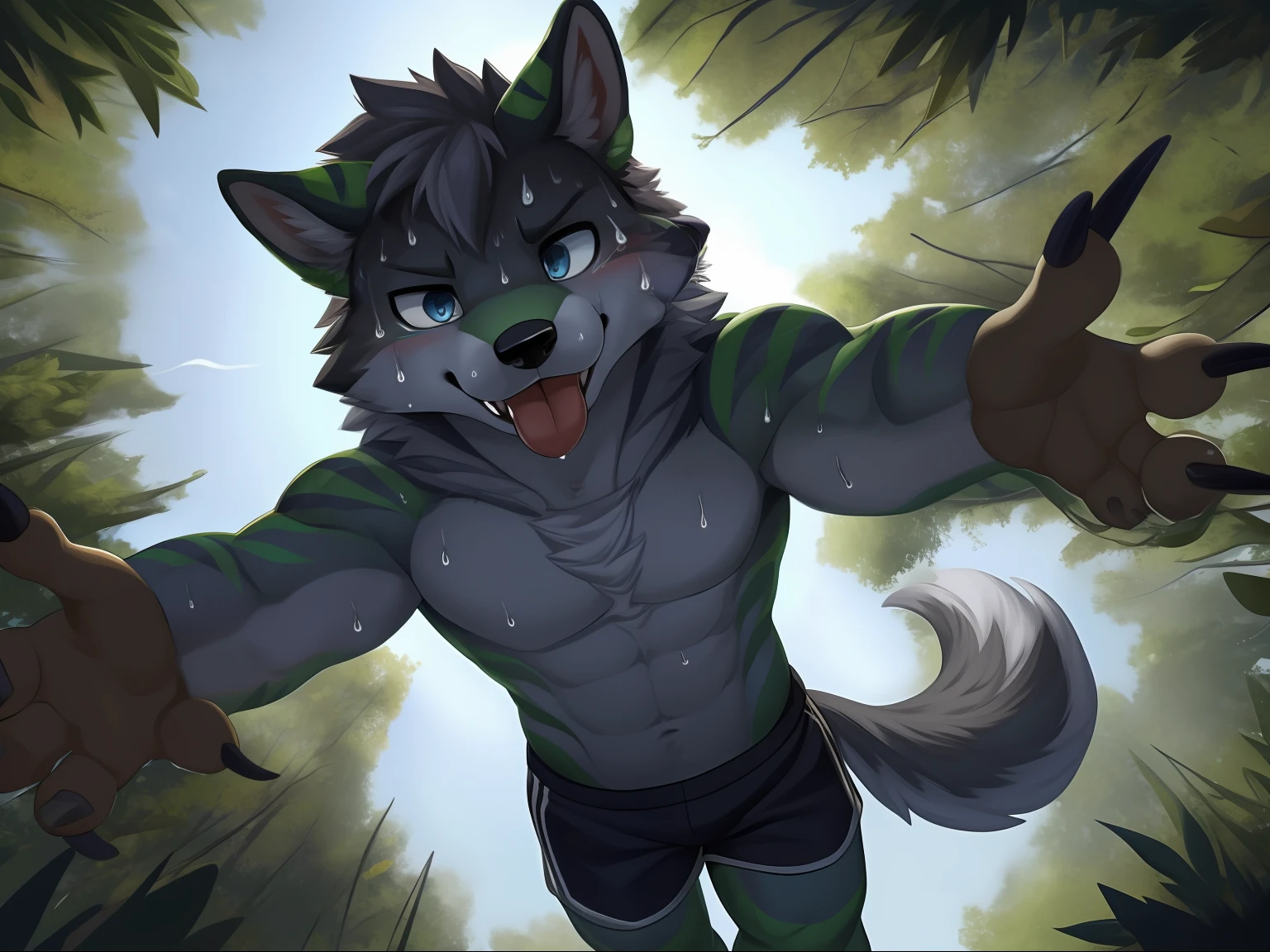 ,eyes with brightness, in a panoramic view, Character focus ，独奏, shaggy, Furry male wolf， Grey fur for men, blue color eyes, Gray hair(The long），Bare body，grey shorts（Green stripes），Stand in the forest，Young style，height of one meter seven，Handsome， has a tail，Bust，drools，Stick out her tongue，bodily fluids，Sweat，sportrait, wide angles, dynamic angle，Sharp claws