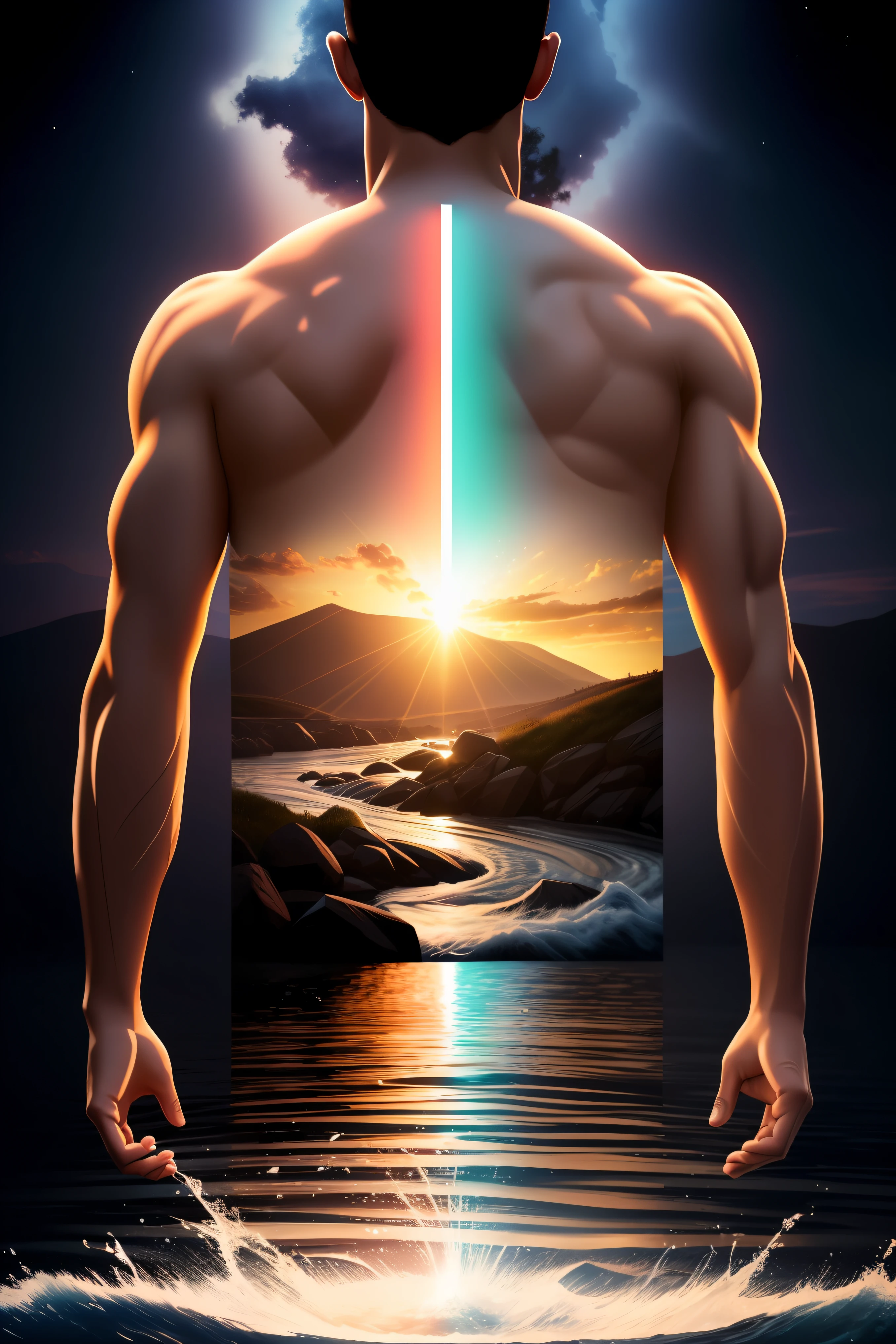 (Our lives are the rivers, que van a dar a la mar, que es el morir), Dream, personajes reflexivos, pintura digital ultra realista , brillos tornasolados, efectos 3D, Ultra HD,super detallada, 16K Obra de arte, Mano con cinco dedos, Anatomically correct ,cinematic lighting