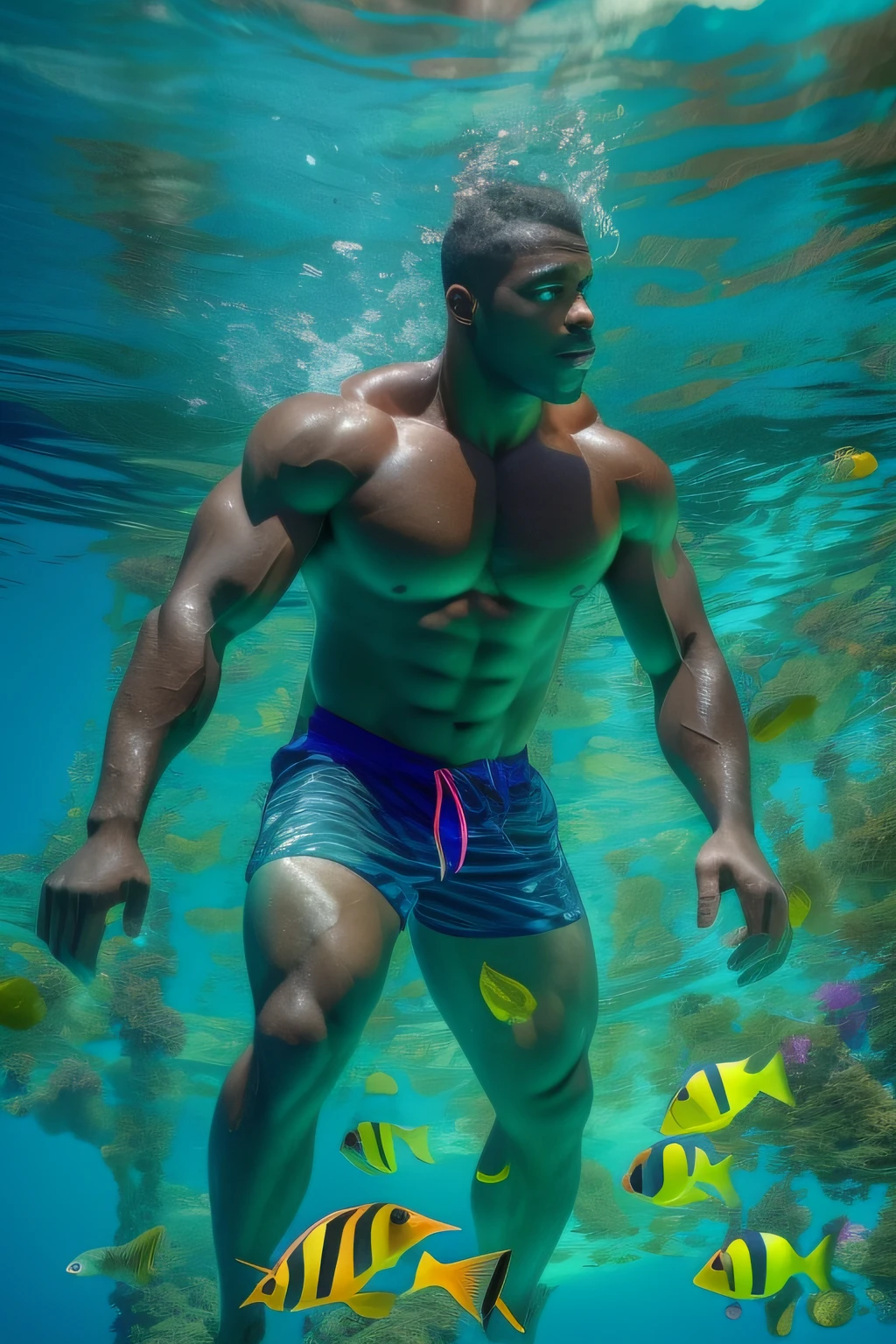 A fit handsome naked and muscular black man, bodybuilder physique, blue swim trunks, a diver swimming in a vibrant underwater setting, full body image, seen from below