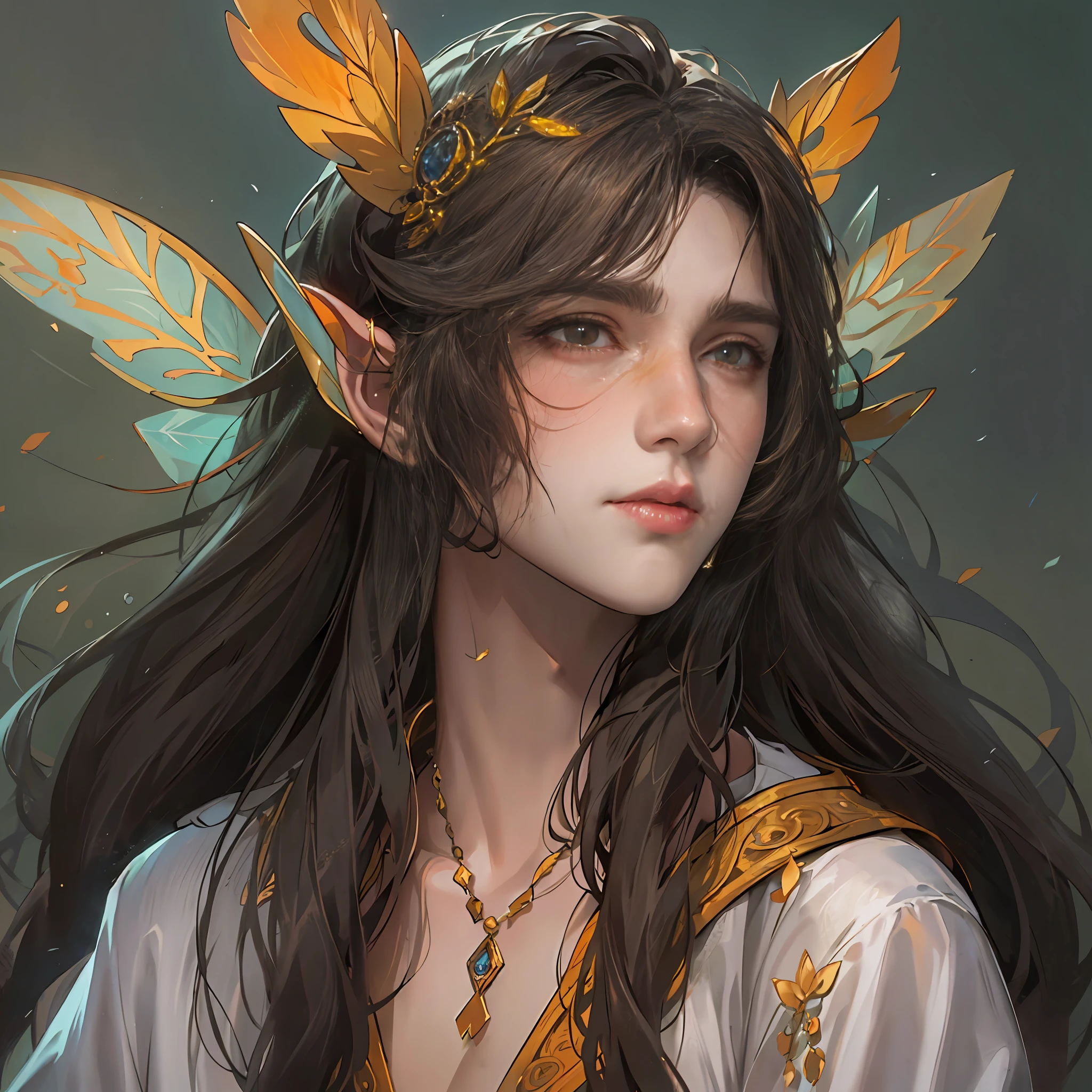 1boy,Ancient fairy costumes,Orange eyes,Long flowing hair,Handsome face,Cool,Cold,Semi-realistic,Meticulous facial features,Wearing exquisite fairy costumes,NSFW,tmasterpiece,Need,super-fine,best qualtiy,Unreal 5,rendering by octane