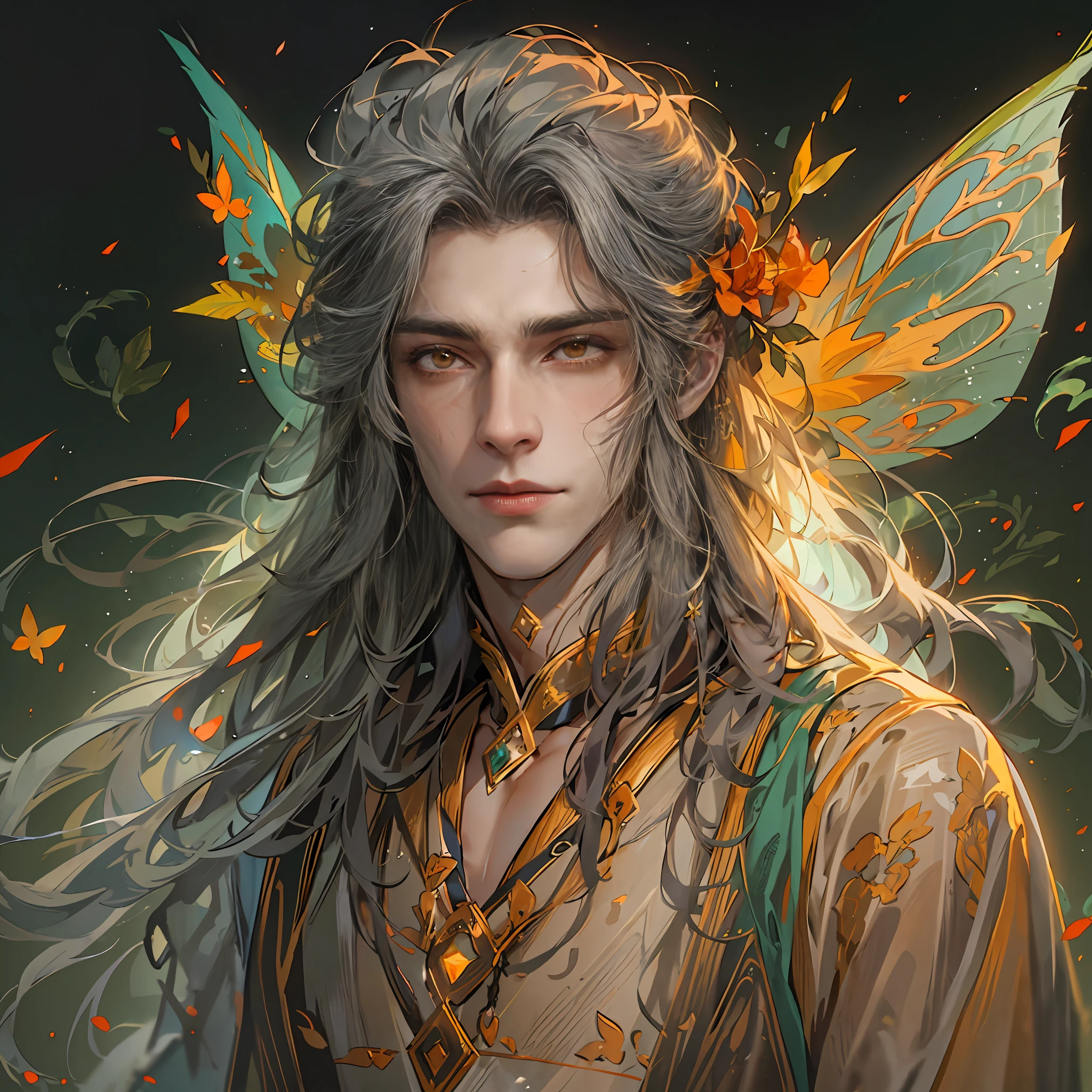 1boy，Ancient fairy costumes，Orange eyes，Long flowing hair，Handsome face，Cool，Cold，Semi-realistic,Meticulous facial features,Wearing exquisite fairy costumes,NSFW,tmasterpiece,Need,super-fine,best qualtiy，Unreal 5，rendering by octane