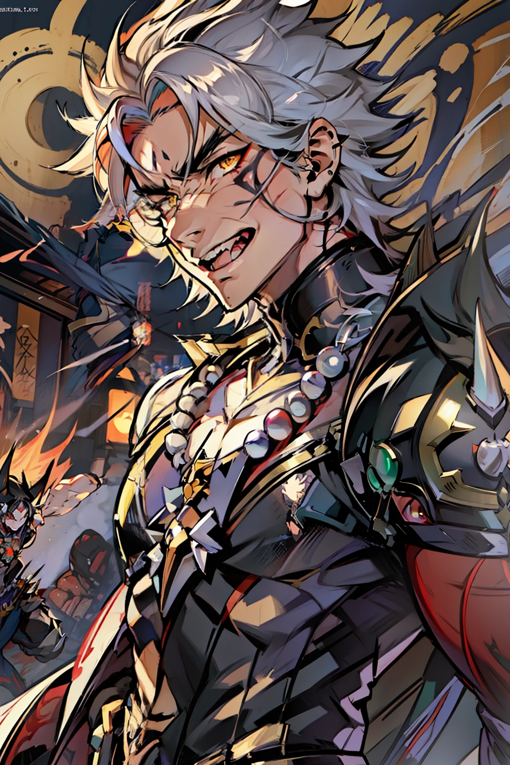 《the original god》Arataki Kazuto , male people,,((Masterpiece)), ((Best quality)), Ultra detailed,((illustration)), Dynamic Angle, Detailed light, (Delicate eyes), Floating, 1boy, Male focus, Head, Clothing, Yellow eyes, necklace, tattoo, (Forehead:0.8), (ahoge:0.8), jewelry, apathy,Ray, chest muscle, Sexy , Venom symbiote for your body, Black mucus of the body , (into venom), Venom,frontage,style of anime4 K, 4K anime wallpaper, Badass anime 8 K, 4 k comic wallpaper, young anime man, Anime boys, Anime wallpapers 4 k, Anime wallpaper 4K, High quality anime art style, Anime moe art style, Anime art wallpaper 8 K, Anime art wallpaper 4 K, RGB lighting