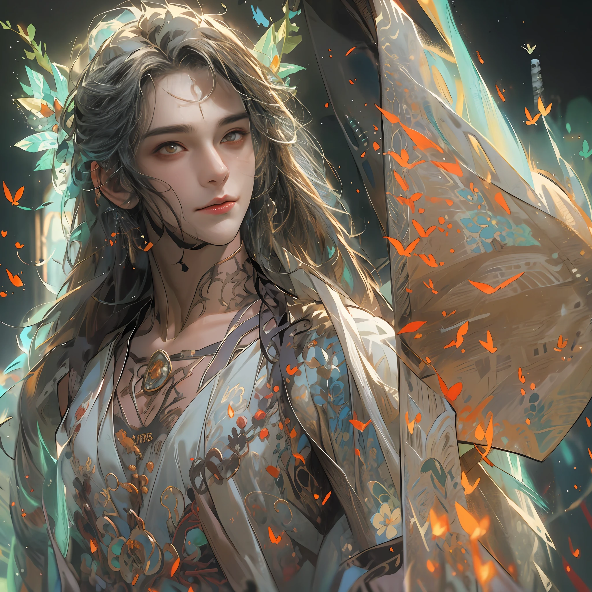 1boy,Ancient fairy costumes,Orange eyes,Long flowing hair,Handsome face,Cool,Cold,Semi-realistic,Meticulous facial features,Wearing exquisite fairy costumes,NSFW,tmasterpiece,Need,super-fine,best qualtiy,Unreal 5,rendering by octane