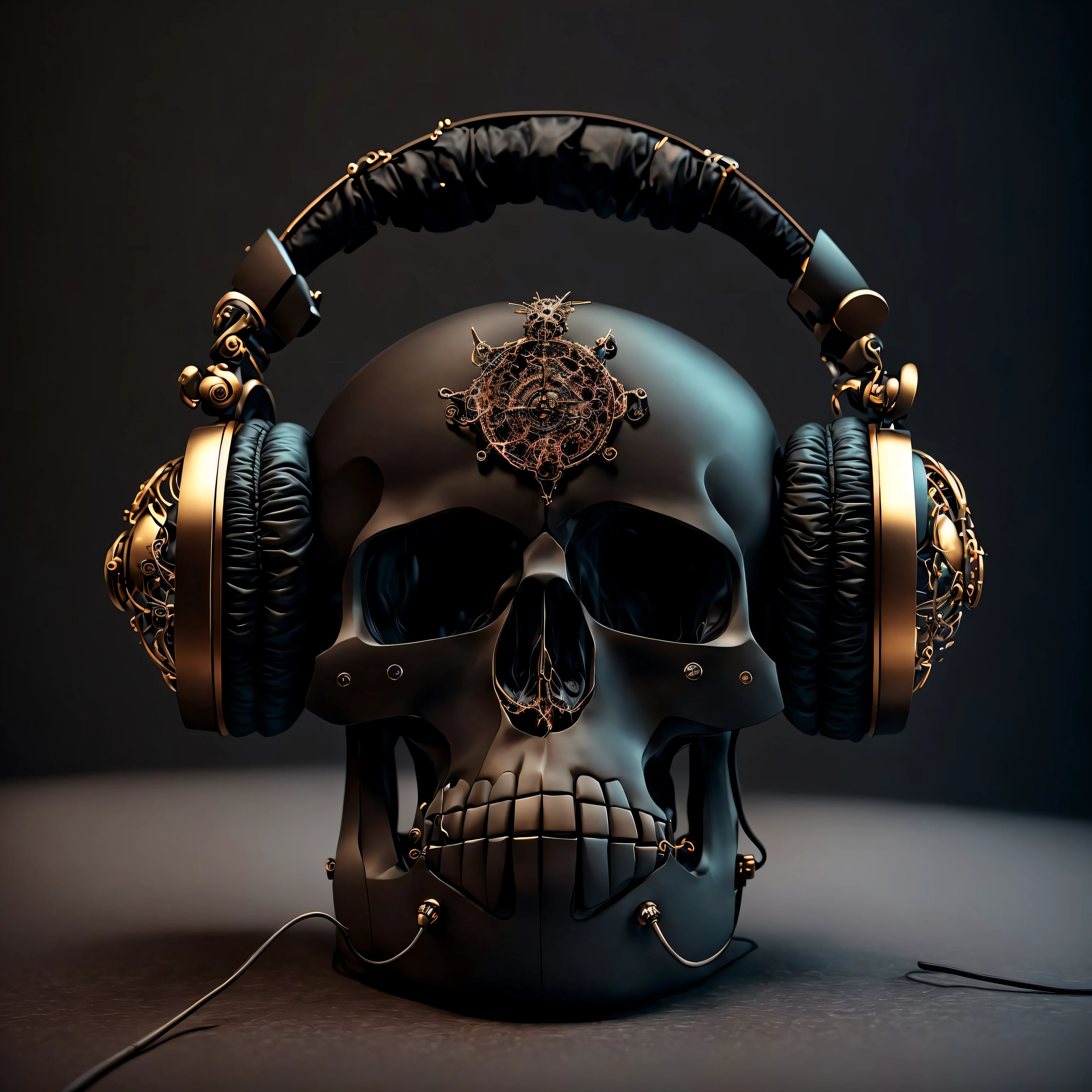 minimalist Product shot of a black skull wearing headphones, Photorealistic, by Aleksander Kobzdej, zbrush central contest winner, digital art, mechanical clock Steampunk, highly detailed , Perfect Composition, Centered , abstract fractal automaton, (Gloomy Illumination:1. 2), Dramatic, sylvain sarrailh and igor morski, sharp focus, bokeh, , UHD, HDR, 8K, ((Masterpiece))
