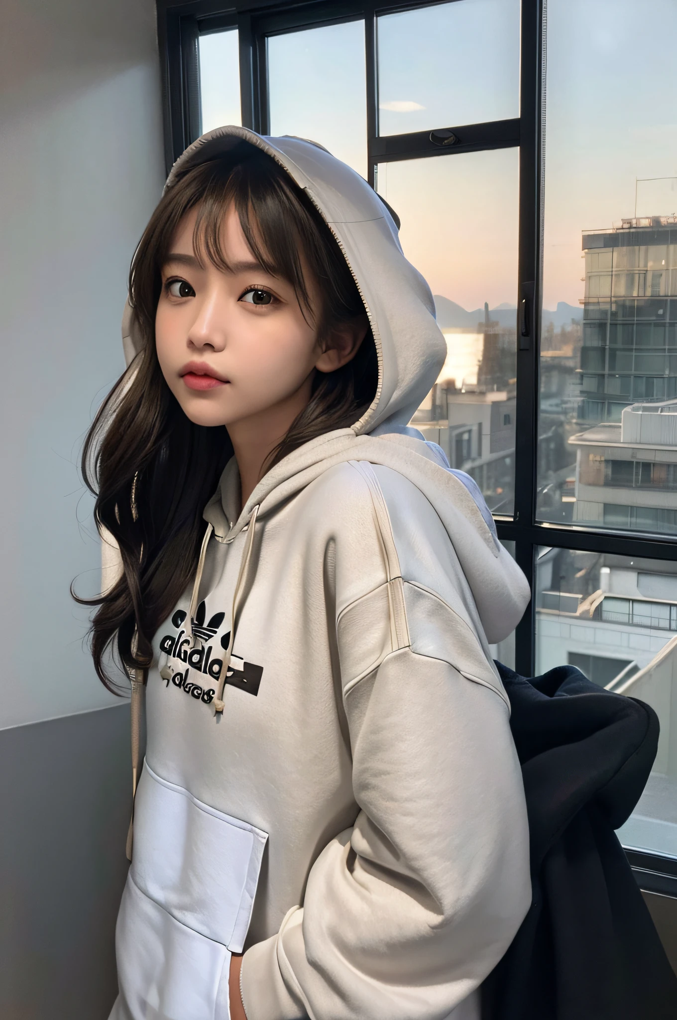 (frombelow:1.4)、((1girl in)),Light Brown Fringe Hair、Braided hair、disheveled hair、Light brown eyes、(dignified expression)、(爆乳:1.7)、Emphasize the valley、(Photorealsitic)、(intricate detailes:1.2)、(masterpiece、:1.3)、(top-quality:1.4)、(超A high resolution:1.2)、超A high resolution、(A detailed eye)、(detailed facial features)、(Wear a fashionable hoodie:1.4),adidas,(selfee:1.3)