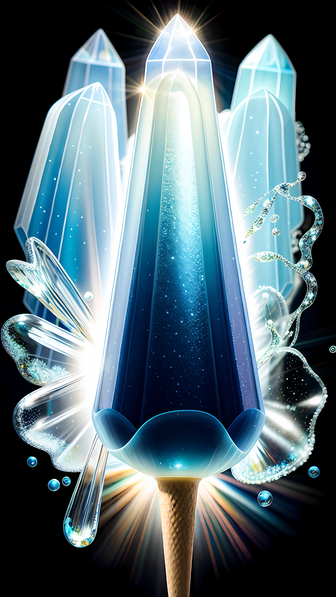 Delicate blue popsicles，super transparent，holy rays，Beautiful spectral light，Ice cream glows，twinkle，background inside dark，Transparent light droplets，reflective light，brightly，Light flows in，optics，Portrait silhouette，tack sharp focus，miraculously huge breasts，intricate complexity，ultra-realistic realism，fanciful，composition，optic，Trends on Artstation，pearls，Patron cloud of silver vapor，Corrosion surrounds the ray family，8k，ureal ar 23v4 uplight