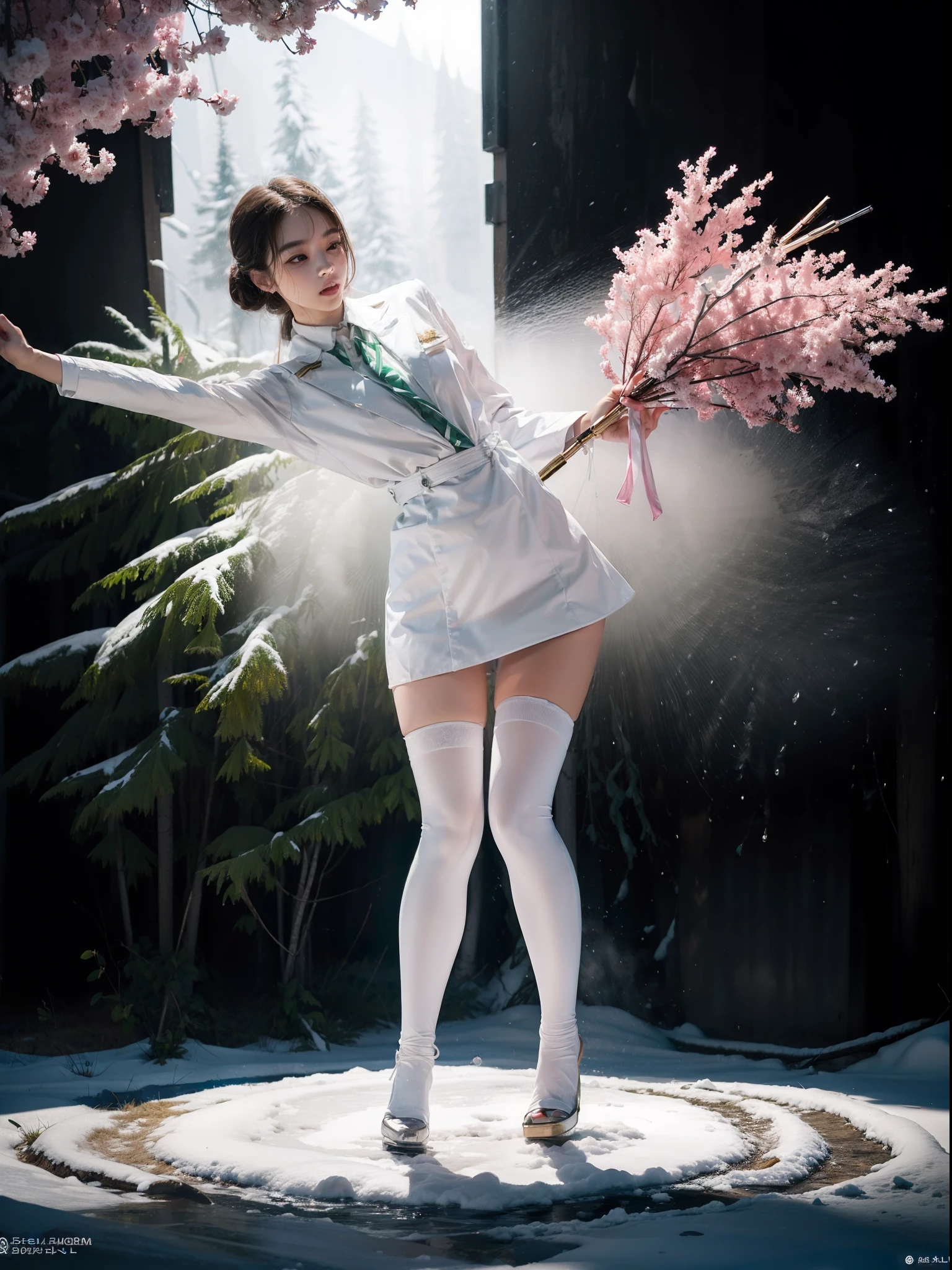 (Full body shot:2), anatomy correct, Must show your face, Dance on snow-capped mountain tops，There is a lot of snow, The breath of nature, Uniform high heels must be worn,Over-the-knee stockings， （In pink|amarelo|blue colors|green color|red colour|white colors|black in color|purpleish color|greys|Beige|Skin color）, Wearing a JK student uniform， (gloss on the skin:1.3),Many jewelry, A shallow laugh, anatomy correct, Complex and diverse backgrounds, hyper HD, Ray traching, reflective light, structurally correct, Award-Awarded, high detal, lightand shade contrast, Face lighting, tmasterpiece, super detailing, high high quality, high detal, best qualityer, Reflectors, 16k