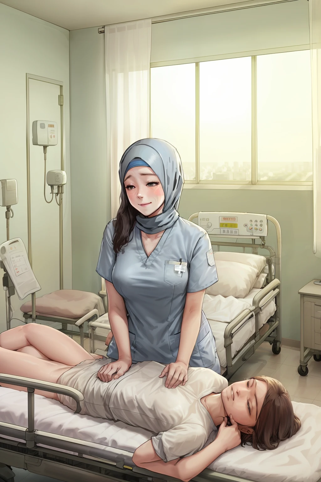 1girl,hijab,hospital,cry,wife,hijab outfit,wife beautifuel eyes ,in the hospital bedroom ,sleeping wife, lying on the bed, supine position, sad smile,full body,wife nurse outfit,sick, treated, injected