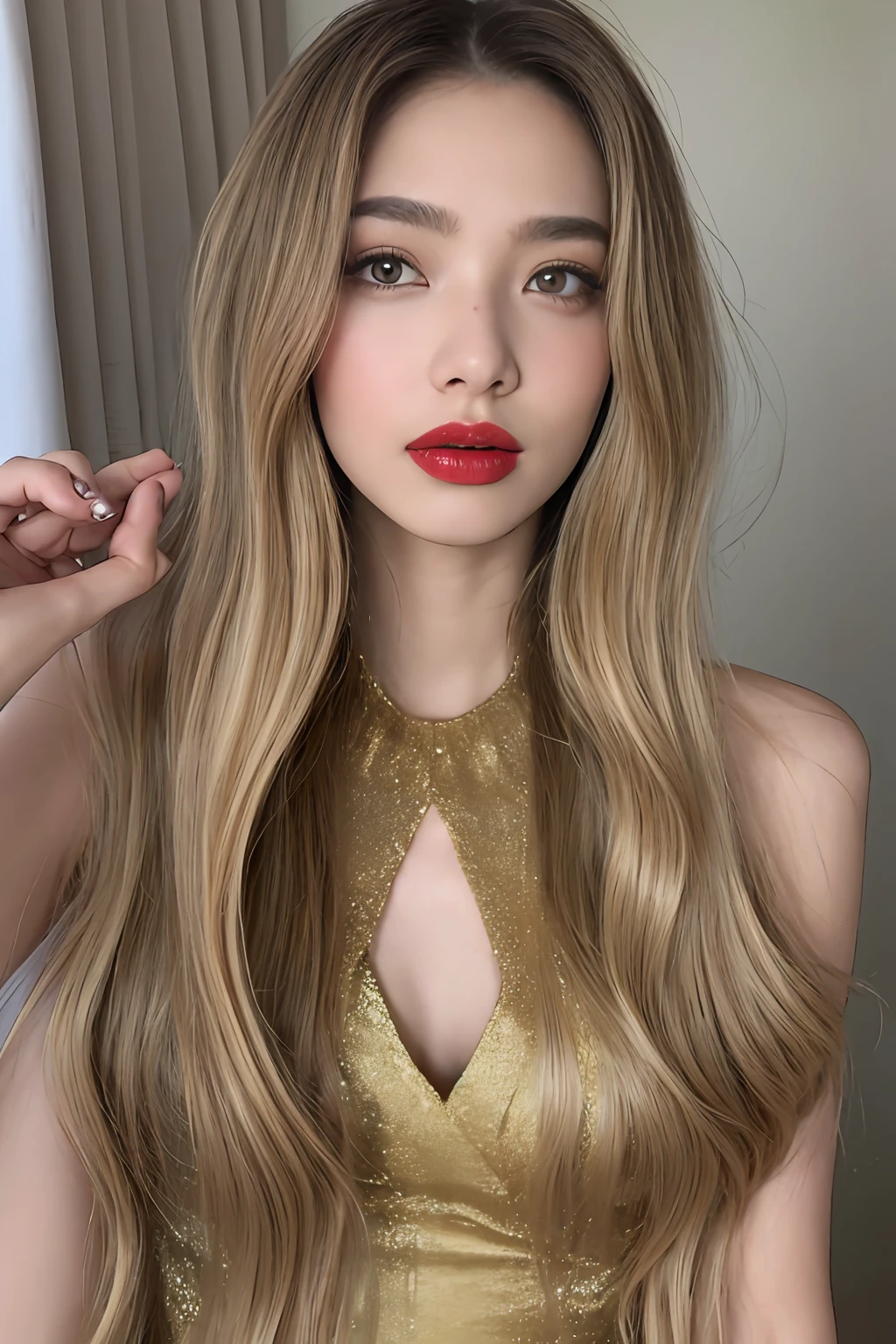 (side part, long curtain van: 1.5), glamorous top, long sexy hair, blonde highlights hair color, glamorous makeup