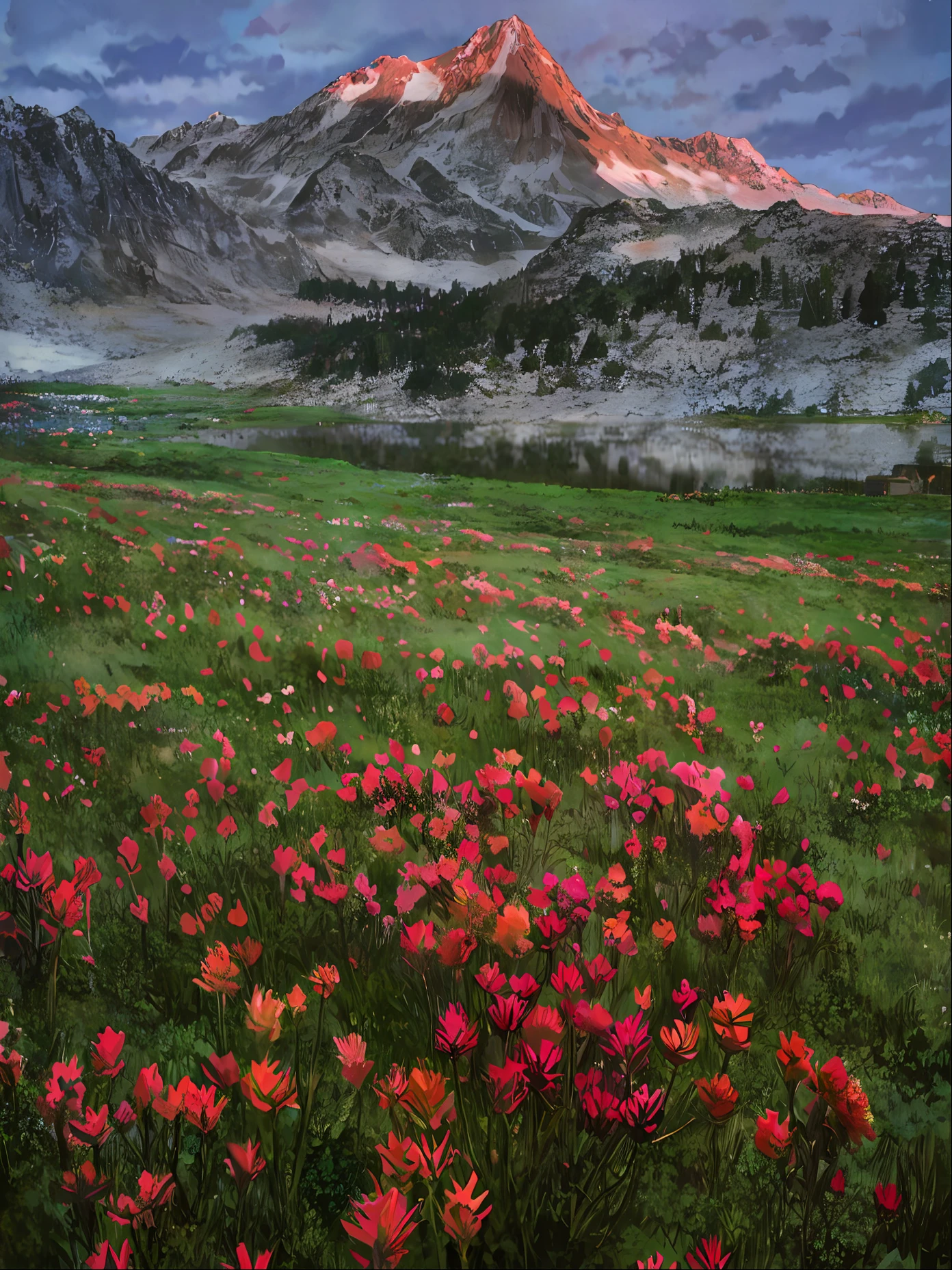 field of red flowers, mountain in the background, ghibli