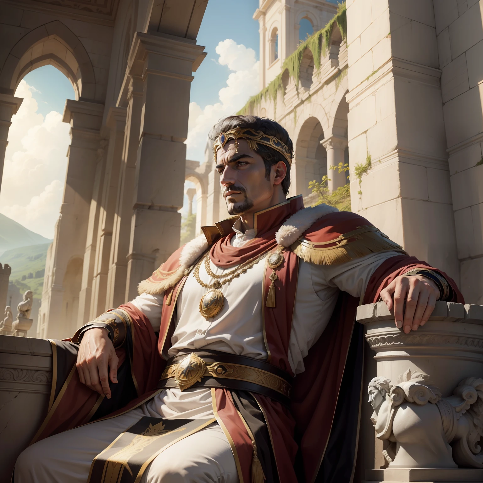 Roman emperor sitting in roman castle environnement scene hyper realistic super detailed