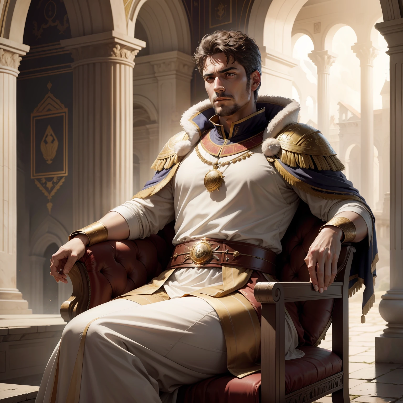 Roman emperor sitting in roman castle environnement scene hyper realistic super detailed