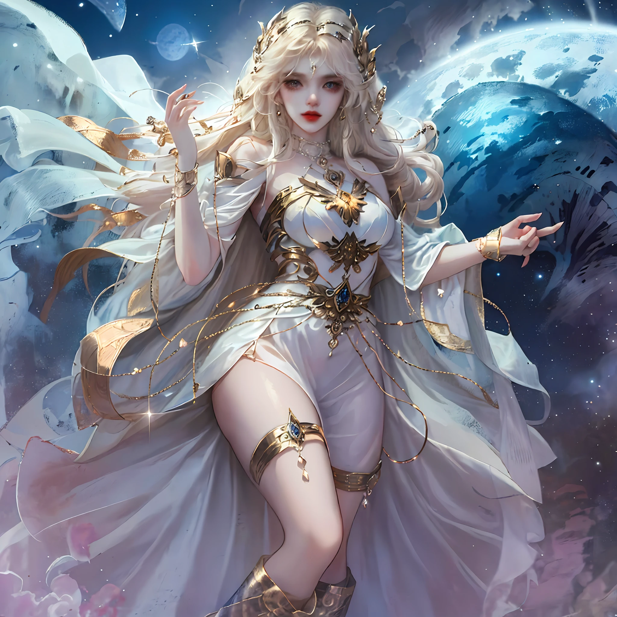 Best picture quality, amazing details, extremely detailed CG art, antique illustration as the theme, 1 Valkyrie in a light blue dress battle dress solo in the night, super sexy, through the clouds, the moon and stars dancing; Her hair and cloak fluttered in the wind, and her skirt and boots sparkled, full of mystery and romance.