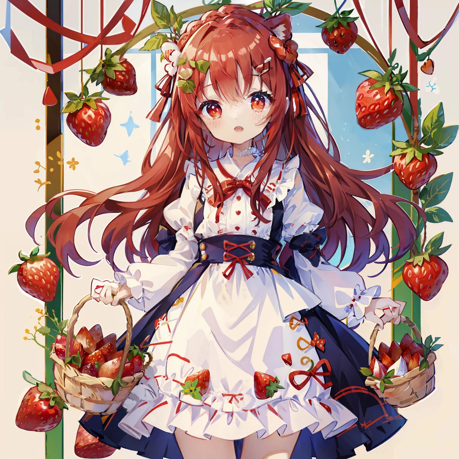 Standing Picture、full bodyesbian、cute little、​masterpiece、top-quality、Top image quality、Ichigo、Strawberry hair ornament、Basket with strawberries、Strawberry dress、Red ribbons