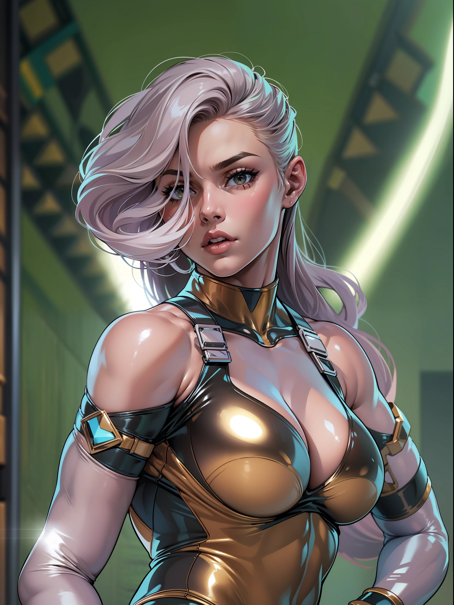 (perfect anatomy), (sports body), (big breastes), (thick-thighs), (perfect arms), (latex suit ), Pointed bracelets, looking a viewer, (Medium full-frame photography), (Background Space), (Hairless)