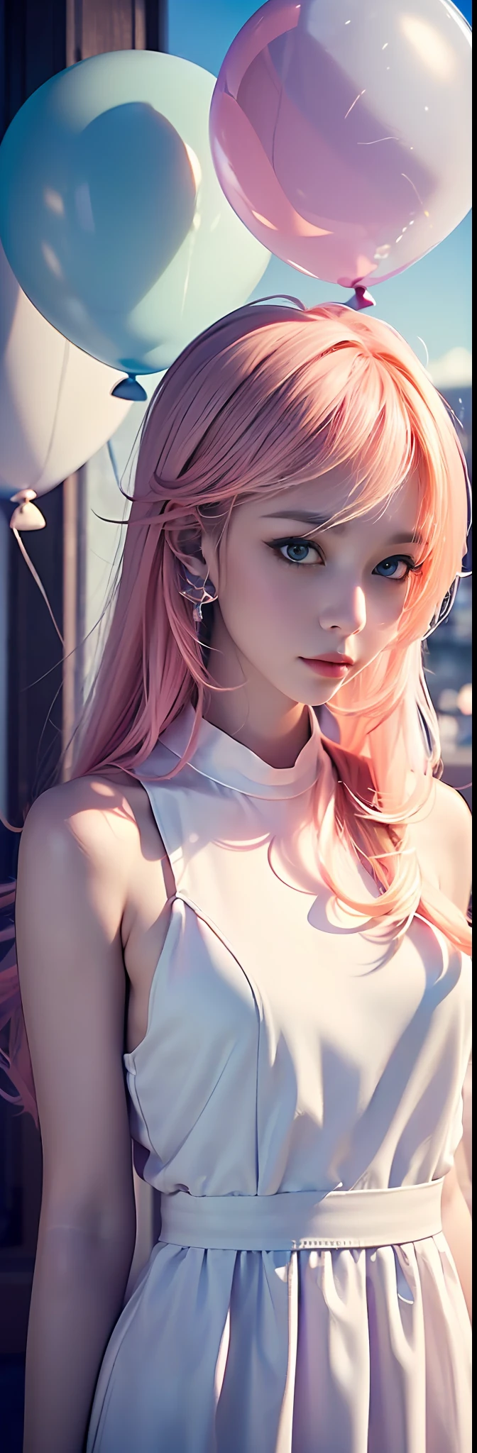 (Masterpiece:1.2),(CGI Art:1.3),(Realistic:1.5),(post-proces:1.3),(Sharp focus:1.3),8K,1 girl in bedroom, ((Upper body)), ((White dress)), (((Shiny skin))), (Wide shot:1.4), window, (((Pastel balloons MESS IN BACKGROUND))), (high shadows detail) , (illustration:1.2), (Ulzzang-6500:1.0), ((hdr)),