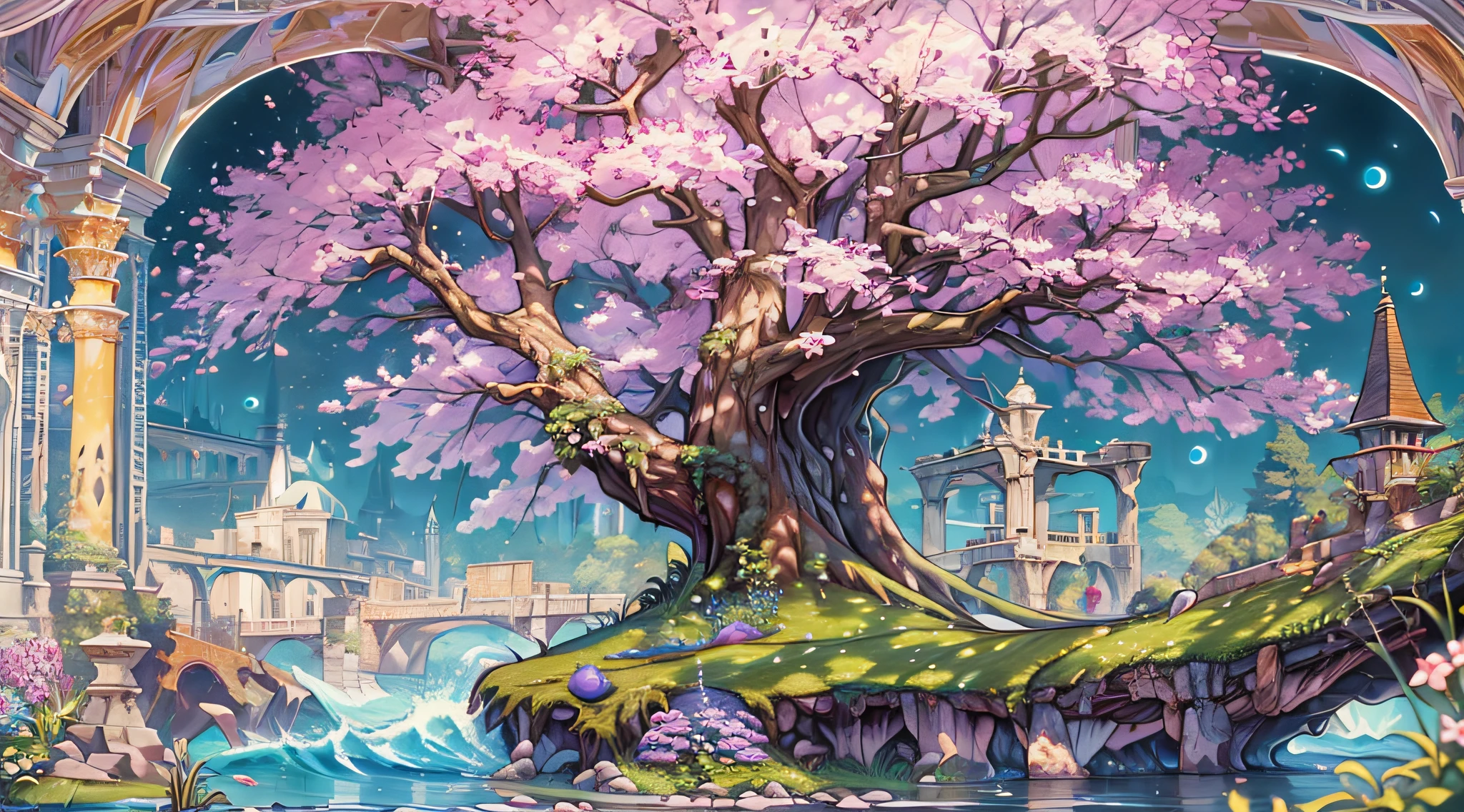(Best quality), (masterpiece:1.3), (photorealistic:1.36), (realistic), ultra-detailed,, detail background, (Beside a pumice isle in Baiae's bay, And saw in sleep old palaces and towers. Quivering within the wave's intenser day, All overgrown with azure moss and flowers), If Winter comes, can Spring be far behind, PsyAI, The season is when the snow begins to melt, In the moonlight I sleep