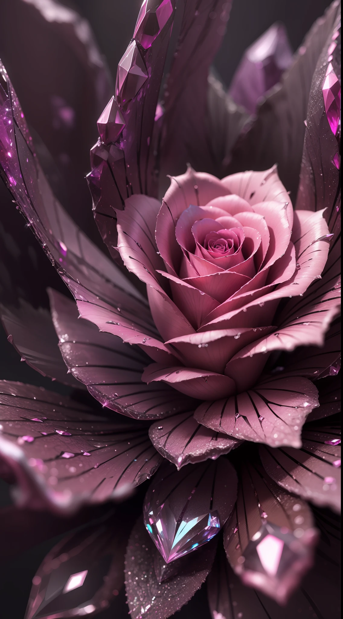 Darkness, crystal colours background, pink rose with crystals shine