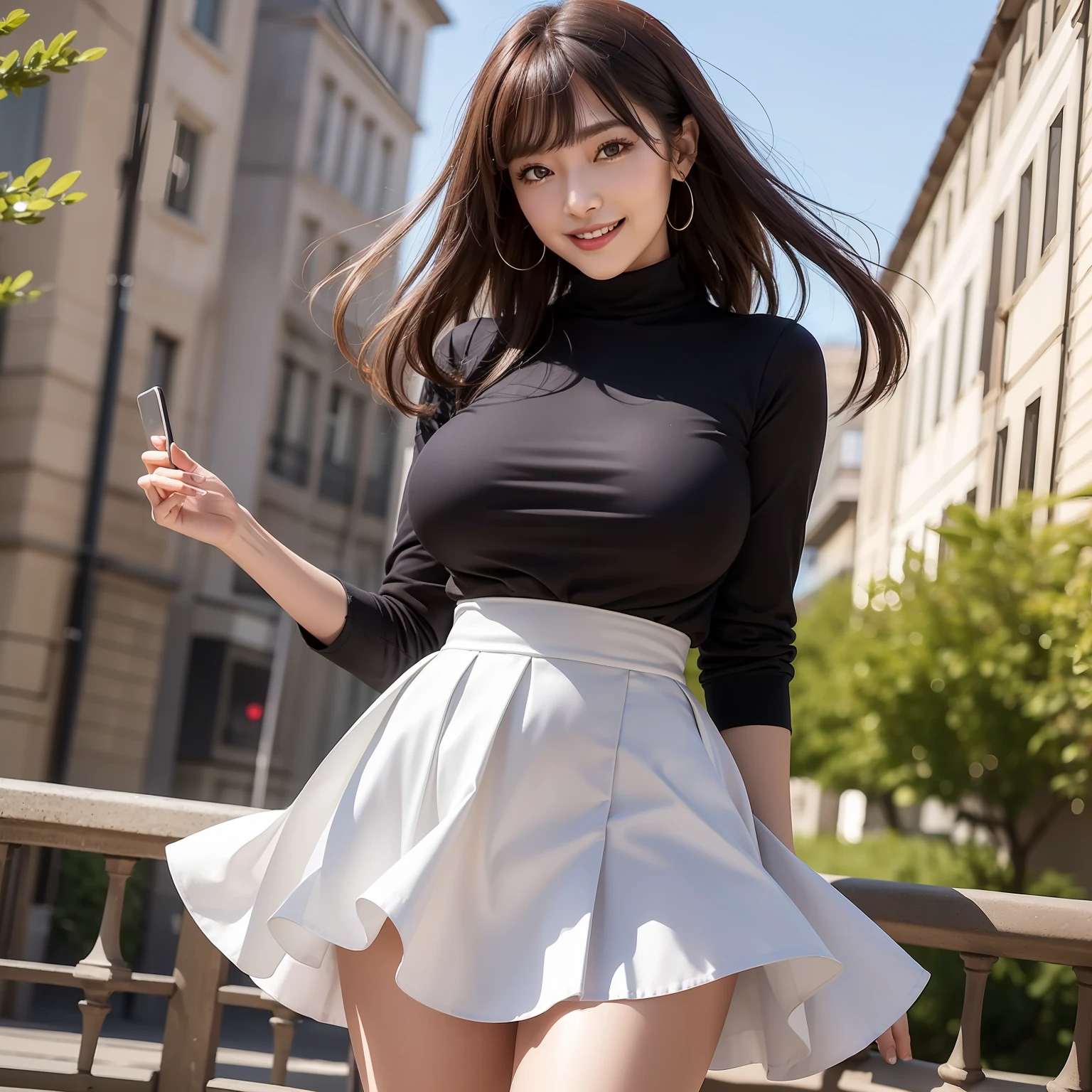 Top image quality、hight resolution、A detailed face、Beautiful Women in Perfect Style、affectionate smile、pleatedskirt、tight skirts、a miniskirt、falda corta、big breasts thin waist、slim legs