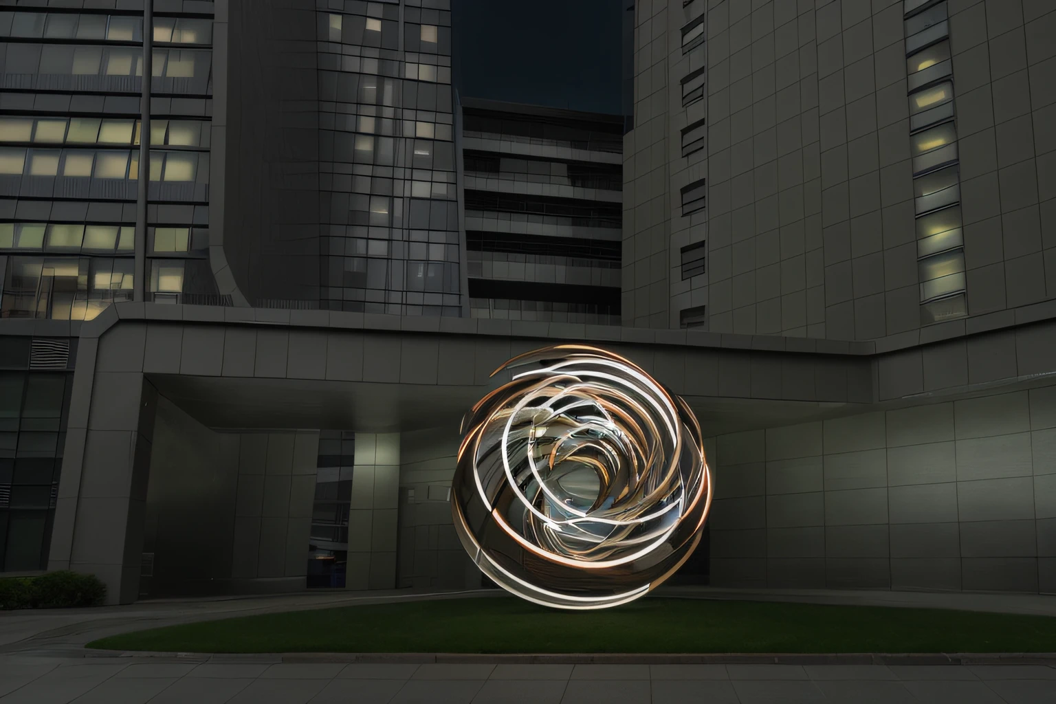 Sculptural art installation in front of the building, Diffuse light painting, volumettic light , Modernity,sense of science and technology, lightpainting motion blur, light looping, lightpainting luminescent, spinning whirlwind, taken with a Sony A7R camera, Light painting, lightpainting, lighting art, long exposure outside the city, Renders, spirals, A digital rendering