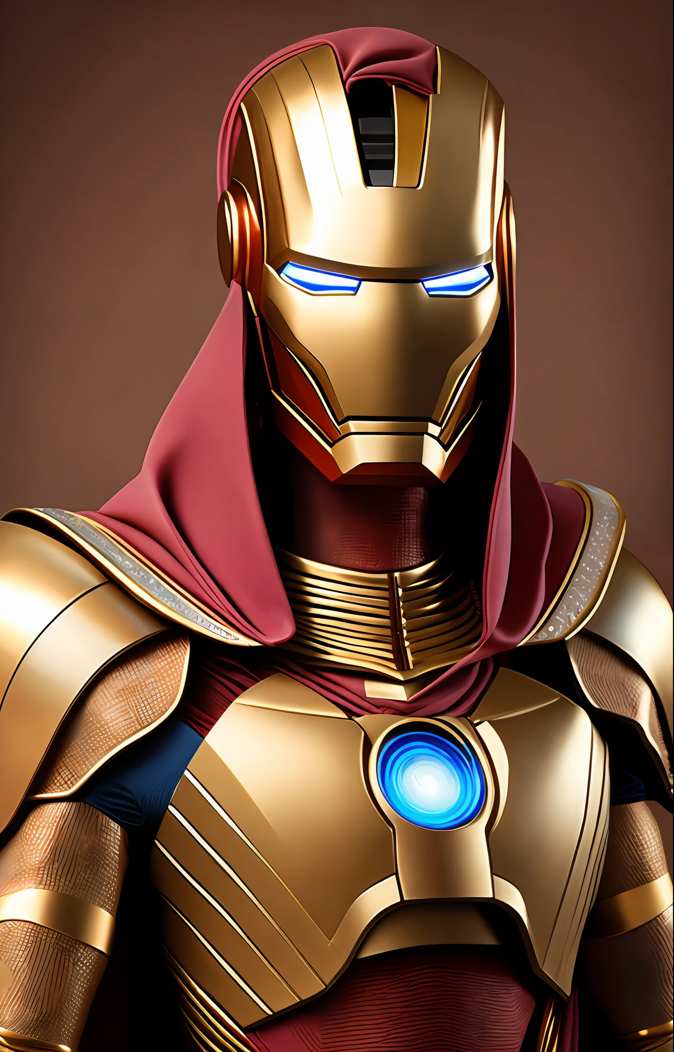 a realistic detail of Ironman wearing an Egyptian pharaoh goddess costume, royal Egyptian clothing, medium range portrait, highly detailed, sharp focus, masterpiece, commissioned, (professional hands), professional anatomy, color corrected, edited in post, (redshift style, classicnegative:1.2)