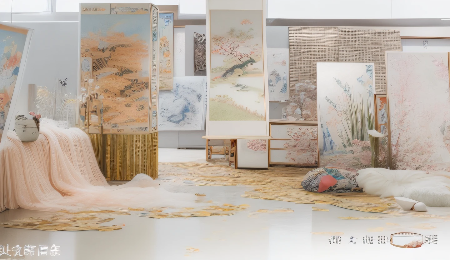 Many paintings are exhibited in a room with a lot of paper, Chinese painting style, Artistically, art work, author:Liao Zhichun, asian interior decoration, Chinese style painting, style of guo hua, with ancient chinese aesthetic,Fu was inspired by Ji Yunfei,