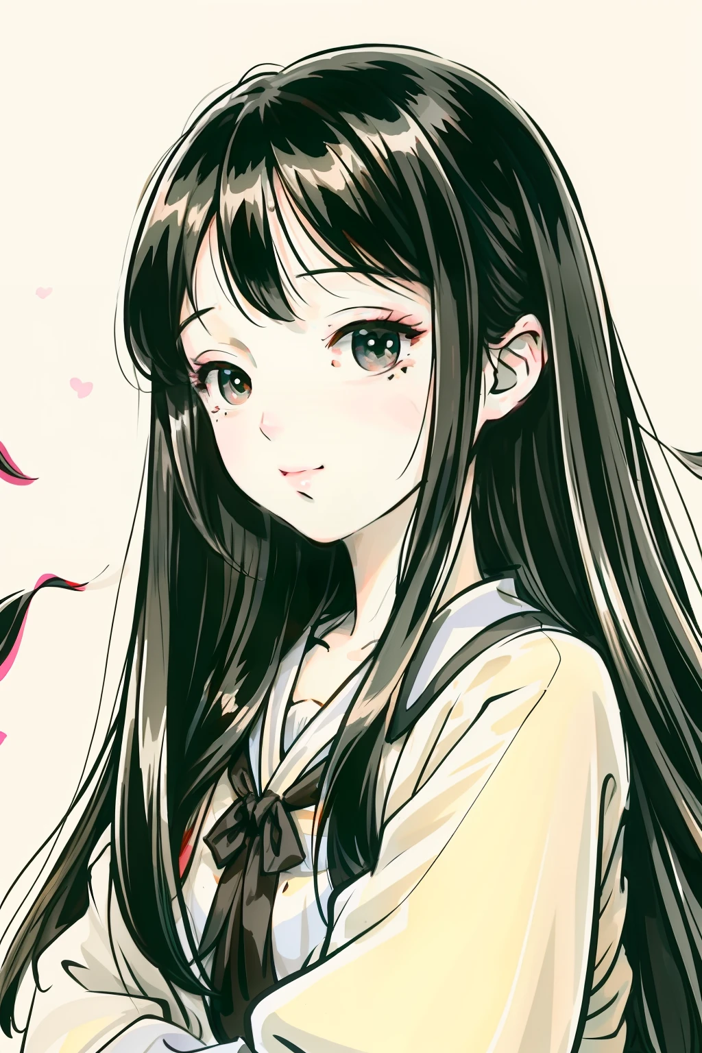 1girl with long black hair sitting, her hand under her chin,in the style of soft color palette aurorapunk,an anime illustration of her face,animated gifs,hand-drawn animation,charming sketches,smooth and shiny,hazy romanticism,superflat style,white background--ar 1:1--niji 5--style expressive --s 50