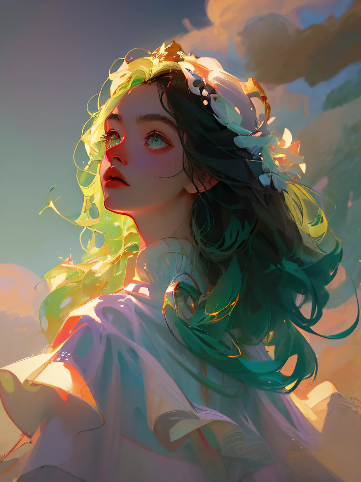 Goddess of goddesses,Hyper-detail photography of a god girl in a white wedding dress。She has((Dark Green)),There was an unfortunate look on his face,Look up at the sky action,sunshine on face,The skin is white and delicate,With delicate jewelry ornaments,With a delicate necklace around his neck,Dressed in black, afloat, White clouds,Warm pale yellow, Blue sky, white clouds and rain,Integrate with the cloud,,Side portrait photo,Sharp background,cawing ravens