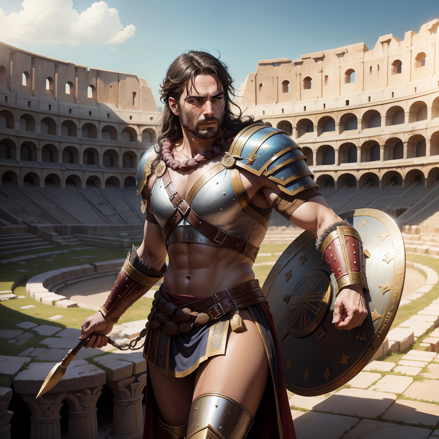 Greek Gladiator victorius in colloseum environnement scene hyper realistic super detailed