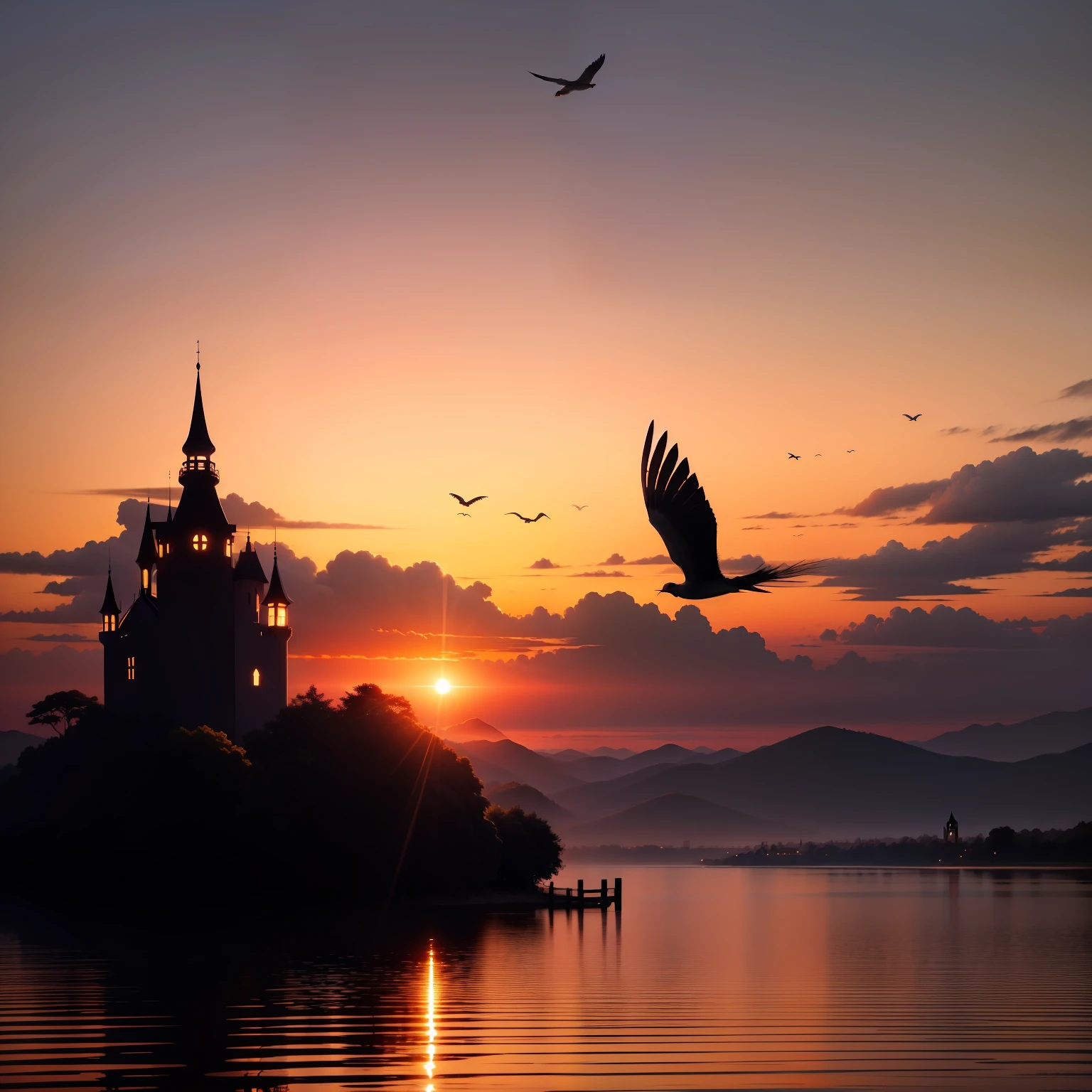 Enchanted castle in the clouds,A high resolution,tmasterpiece,Alafeld birds flying over the water at sunset, flying through sunset, bird flying out of water,,In the sunset, very beautiful photograph of, Beautiful sunset, late sunset, Beautiful nature, Beautiful photo, amazing shot, award-winning shot, award winning shot, Beautiful sunset, flying around the bird, silhouette over sunset。