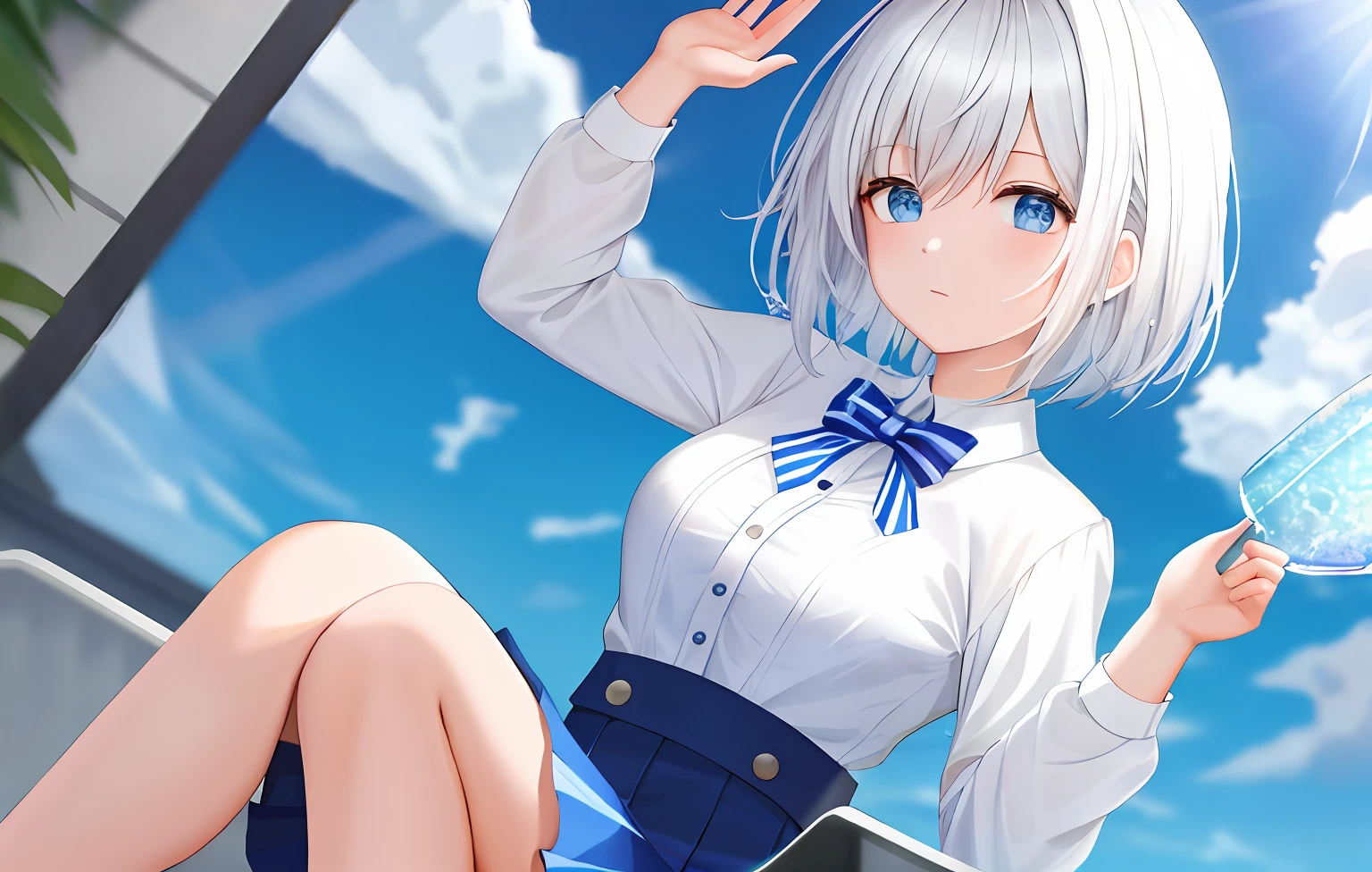 Best quality,Masterpiece,with short white hair,Blue stripe skirt,White color blouse