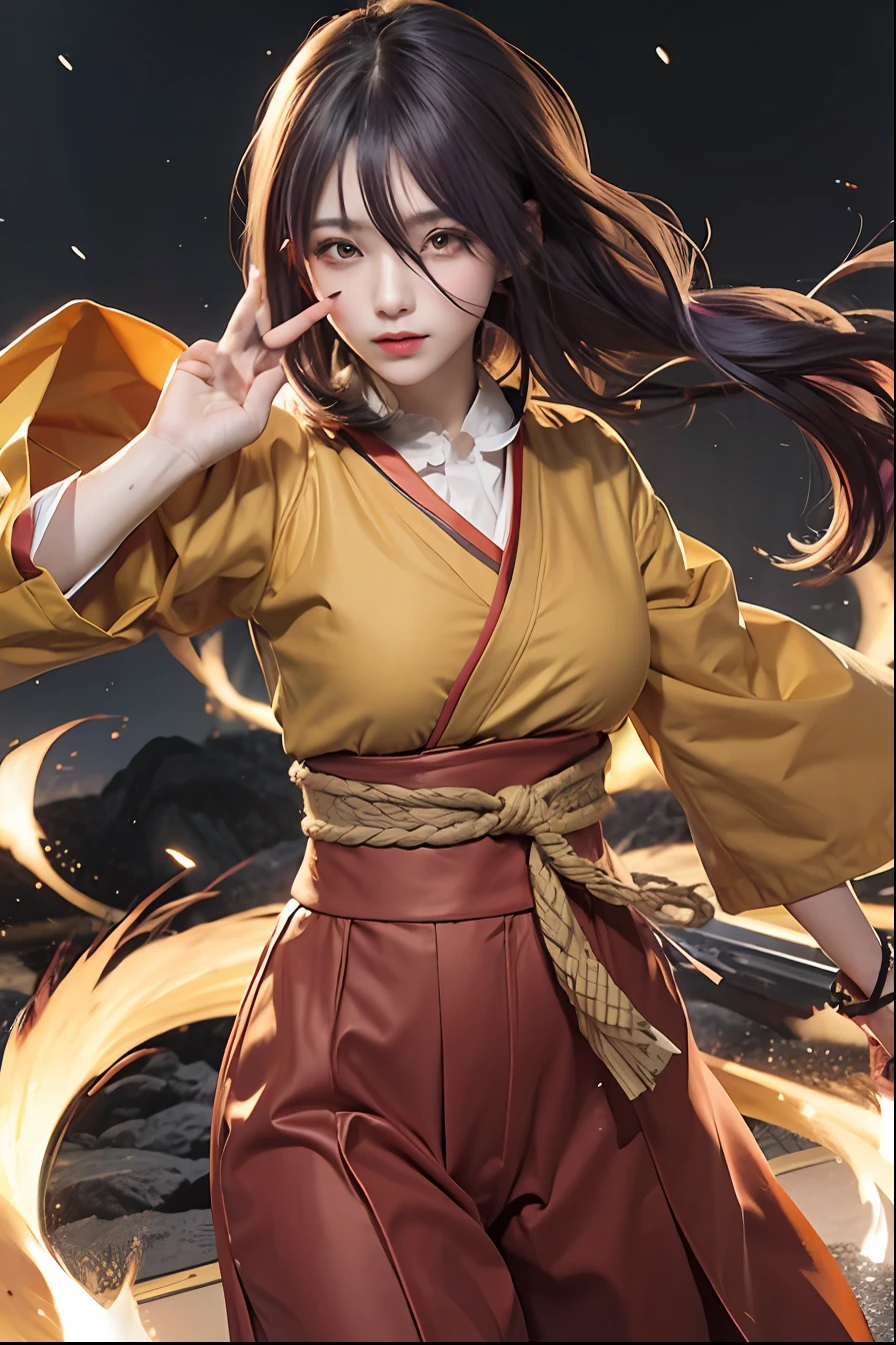 1girl, hyuga hanabi, purple hair, white eyes, long hair, yellow clothes, big breasts, realistic, ultra detail, indoor background