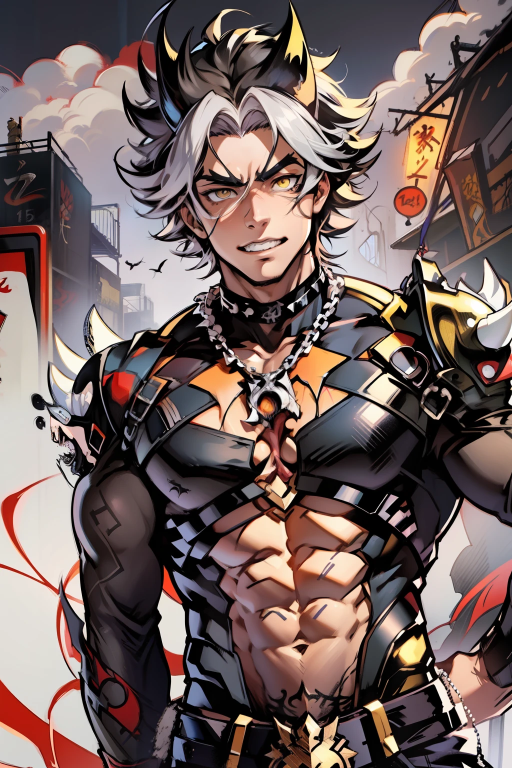 《the original god》Arataki Kazuto , male people,,((Masterpiece)), ((Best quality)), Ultra detailed,((illustration)), Dynamic Angle, Detailed light, (Delicate eyes), Floating, 1boy, Male focus, Head, Clothing, Yellow eyes, necklace, tattoo, (Forehead:0.8), (ahoge:0.8), jewelry, apathy,Ray, chest muscle, Sexy , Venom symbiote for your body, Black mucus of the body , (into venom), Venom,frontage,style of anime4 K, 4K anime wallpaper, Badass anime 8 K, 4 k comic wallpaper, young anime man, Anime boys, Anime wallpapers 4 k, Anime wallpaper 4K, High quality anime art style, Anime moe art style, Anime art wallpaper 8 K, Anime art wallpaper 4 K, RGB lighting