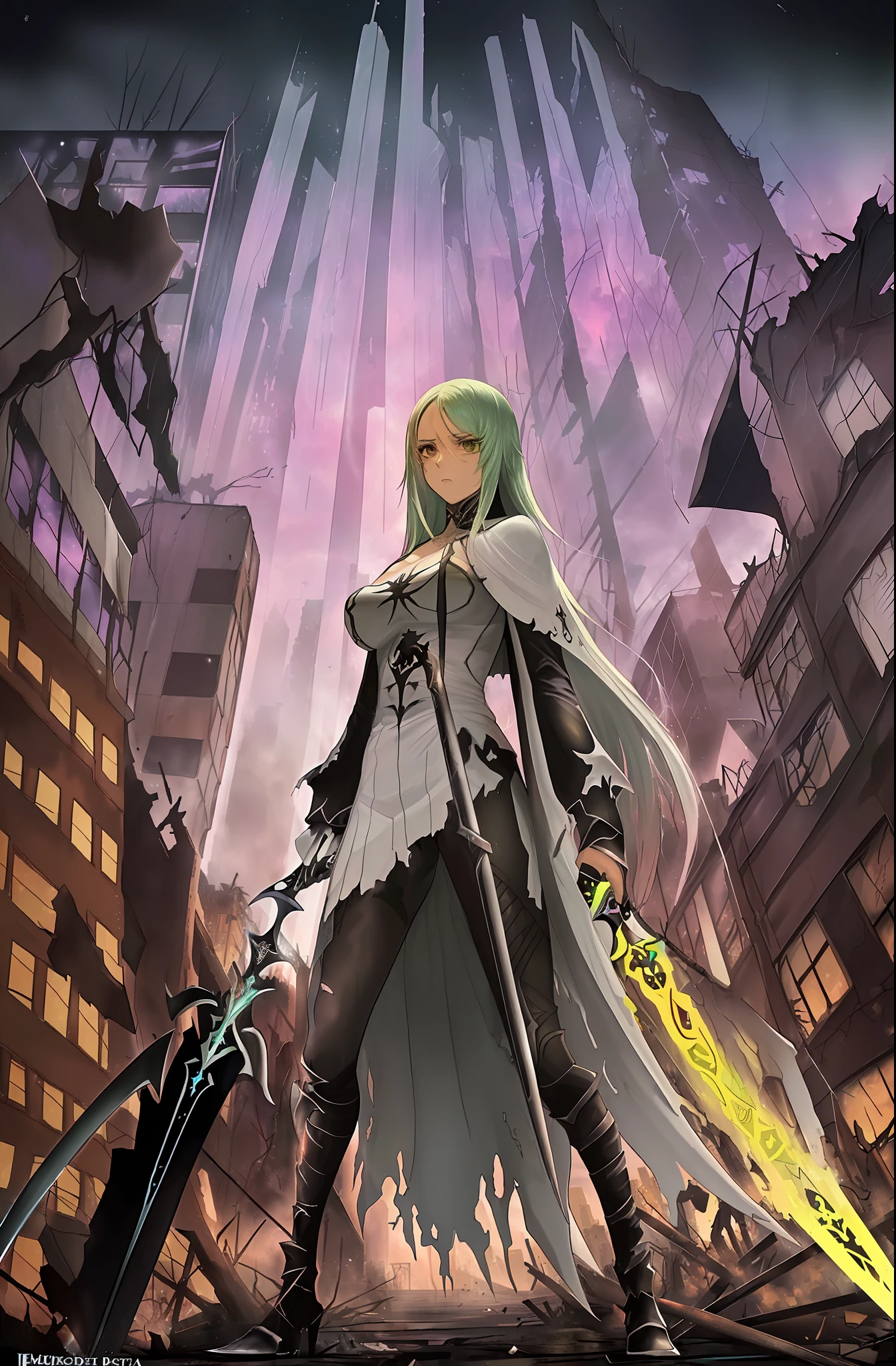 (((meu),Uso de magia),(Espada, Efeito de espada),(Wrecked City)), estilo de desenho animado, cores vibrantes, detalhes impressionantes, dramatic background, personagem feminina forte