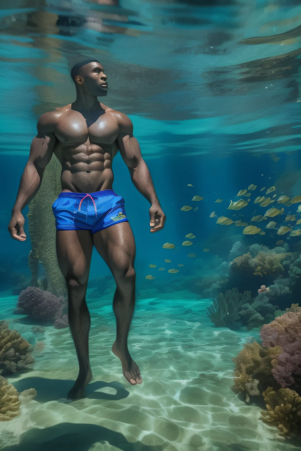 A fit handsome naked and muscular black man, bodybuilder physique, blue swim trunks, a diver swimming in a vibrant underwater setting, full body image