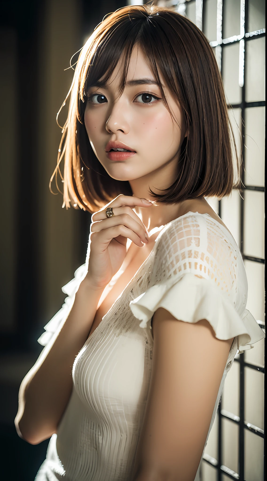 (8k, RAW photo, best quality, masterpiece:1.2), ultra detailed, ultra high res, high detail RAW color photo, professional photograph, an extremely delicate and beautiful, Amazing, finely detail, extremely detailed beautiful girl, extremely detailed face, extremely detailed eyes, extremely detailed skin, extremely detailed fingers, extremely detailed nose, extremely detailed mouth, perfect anatomy,Photo of Pretty Japanese woman, 1girl, ((medium-short brown hair)),(indoor),30 years old,((cowboy shot)),night,dress,standing