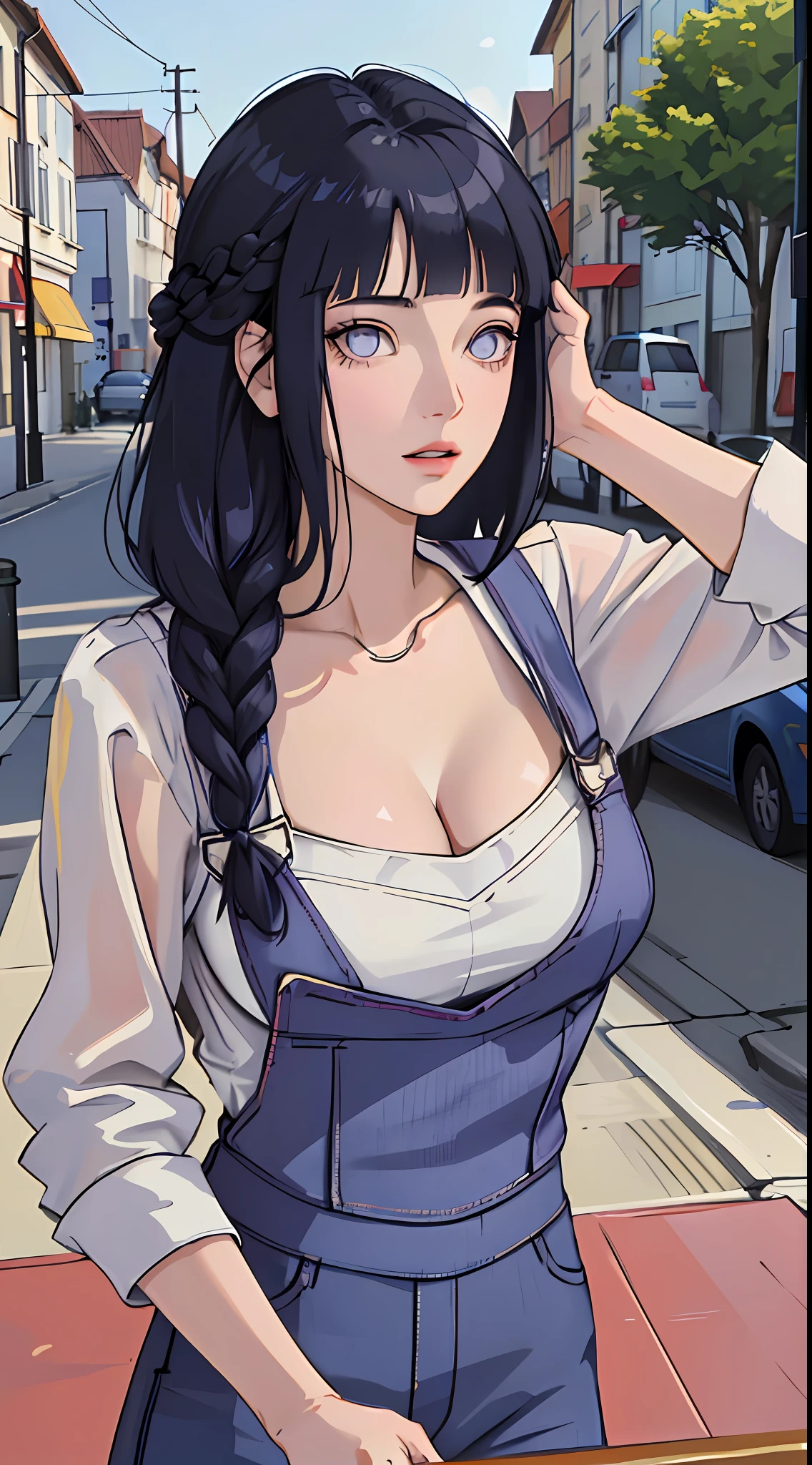 tmasterpiece, best qualityer, ultra - detailed, illustration,1girl,
long whitr hair,dark-blue hair,french braid,Purple eye,bluntbangs,cleavage,Large breasts
shirt,(jeans overalls:1.1),
mideum breasts,
looking at viewert,hyouka/(Boruto/),detailed lips