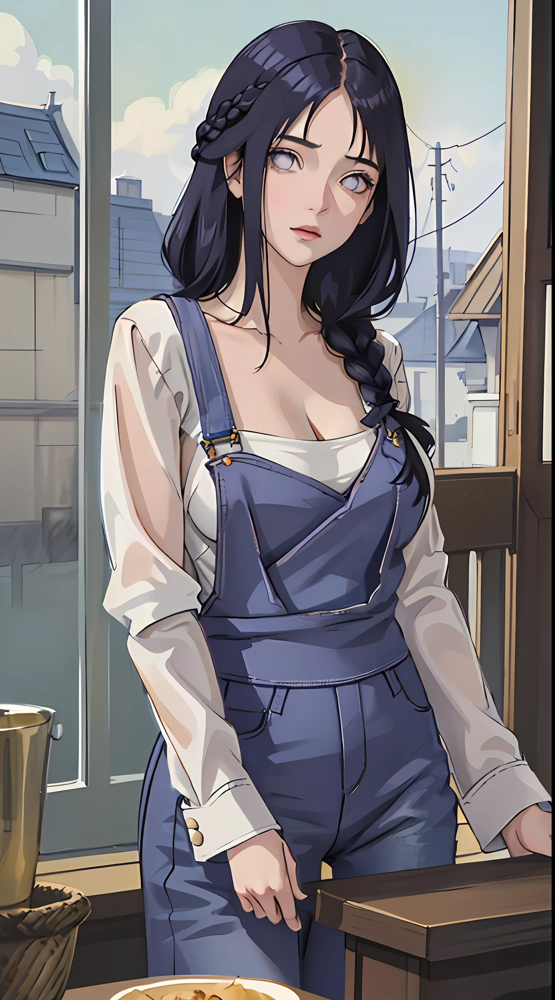 tmasterpiece, best qualityer, ultra - detailed, illustration,1girl,
long whitr hair,dark-blue hair,french braid,Purple eye,bluntbangs,cleavage,Large breasts
shirt,(jeans overalls:1.1),
mideum breasts,
looking at viewert,hyouka/(Boruto/),detailed lips