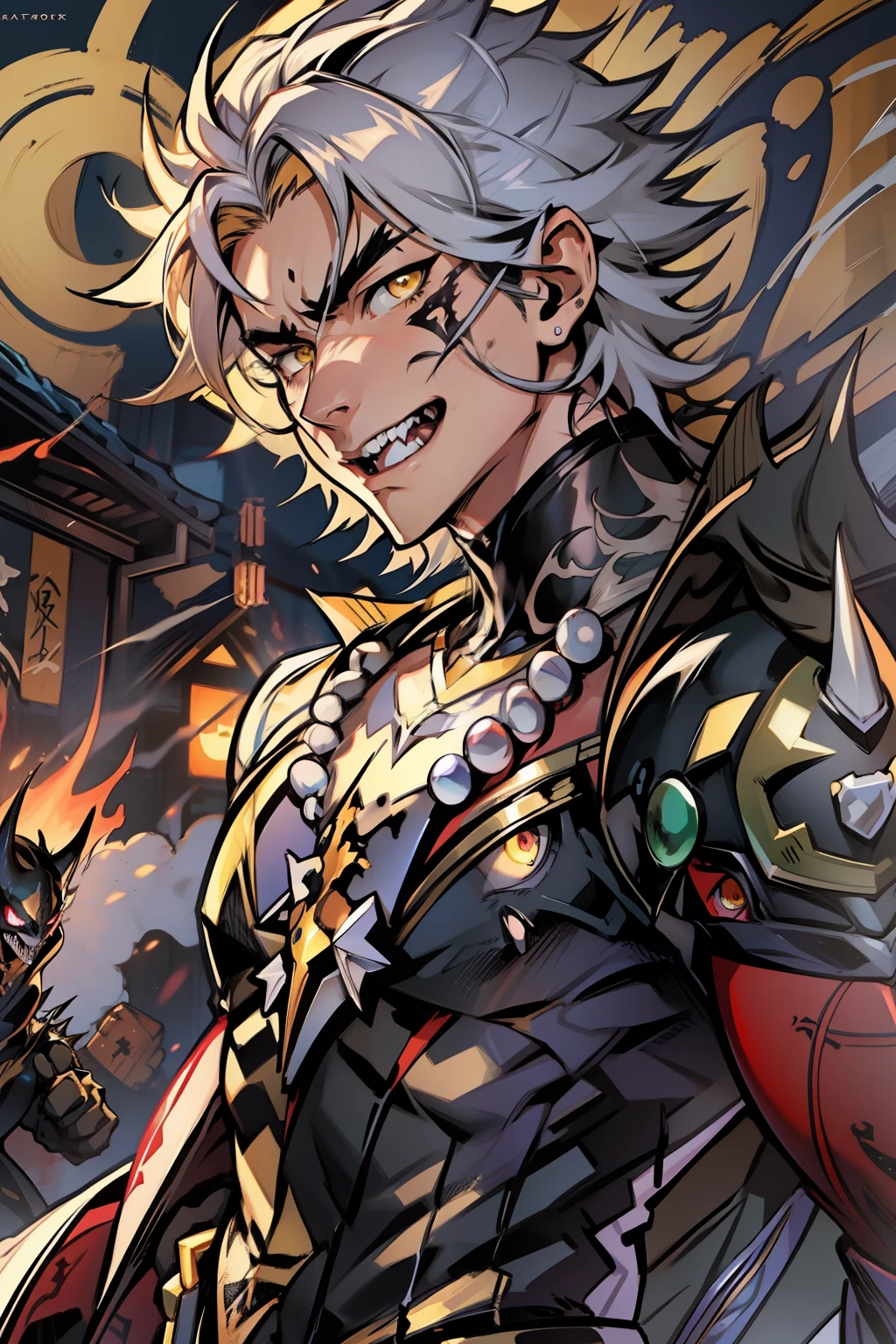 《the original god》Arataki Kazuto , male people,,((Masterpiece)), ((Best quality)), Ultra detailed,((illustration)), Dynamic Angle, Detailed light, (Delicate eyes), Floating, 1boy, Male focus, Head, Clothing, Yellow eyes, necklace, tattoo, (Forehead:0.8), (ahoge:0.8), jewelry, apathy,Ray, chest muscle, Sexy , Venom symbiote for your body, Black mucus of the body , (into venom), Venom,frontage,style of anime4 K, 4K anime wallpaper, Badass anime 8 K, 4 k comic wallpaper, young anime man, Anime boys, Anime wallpapers 4 k, Anime wallpaper 4K, High quality anime art style, Anime moe art style, Anime art wallpaper 8 K, Anime art wallpaper 4 K, RGB lighting