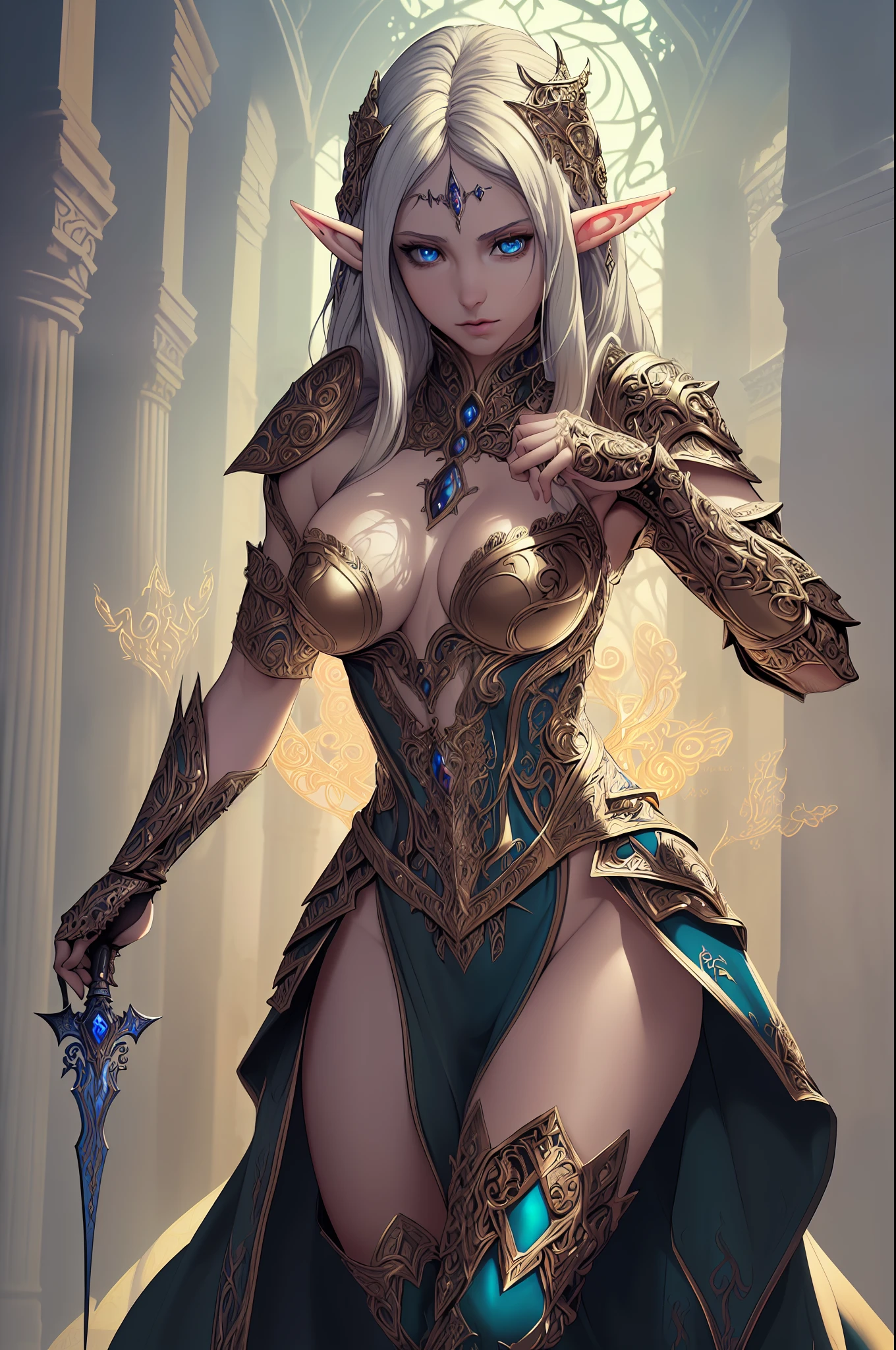 high details, best quality, 8k, [ultra detailed], masterpiece, best quality, (extremely detailed), dynamic angle, ultra wide shot, RAW, photorealistic, fantasy art, dnd art, rpg art, realistic art, a wide angle picture of an epic female elf, arcane warrior, warrior of magic, fighter of the arcana, full body, [[anatomically correct]] [full body] (intricate details, Masterpiece, best quality: 1.5), casting a spell, [colorful magical sigils in the air], [colorful arcane sigils floating]  (intricate details, Masterpiece, best quality: 1.6), holding an [epic magical sword]  (intricate details, Masterpiece, best quality: 1.5) holding epic [magical sword glowing in red light] (intricate details, Masterpiece, best quality: 1.5) . in fantasy urban street ( (intricate details, Masterpiece, best quality: 1.5), a female beautiful  elf,  wearing elven leather armor  (intricate details, Masterpiece, best quality: 1.5) , high heeled leather boots, ultra detailed face (intricate details, Masterpiece, best quality: 1.5) , thick hair, long hair, dynamic hair, fair skin intense eyes, fantasy city background (intense details), sun light, backlight, depth of field (intricate details, Masterpiece, best quality: 1.5) , dynamic angle,  (intricate details, Masterpiece, best quality: 1.5), 3D rendering, high details, best quality, highres, ultra wide angle