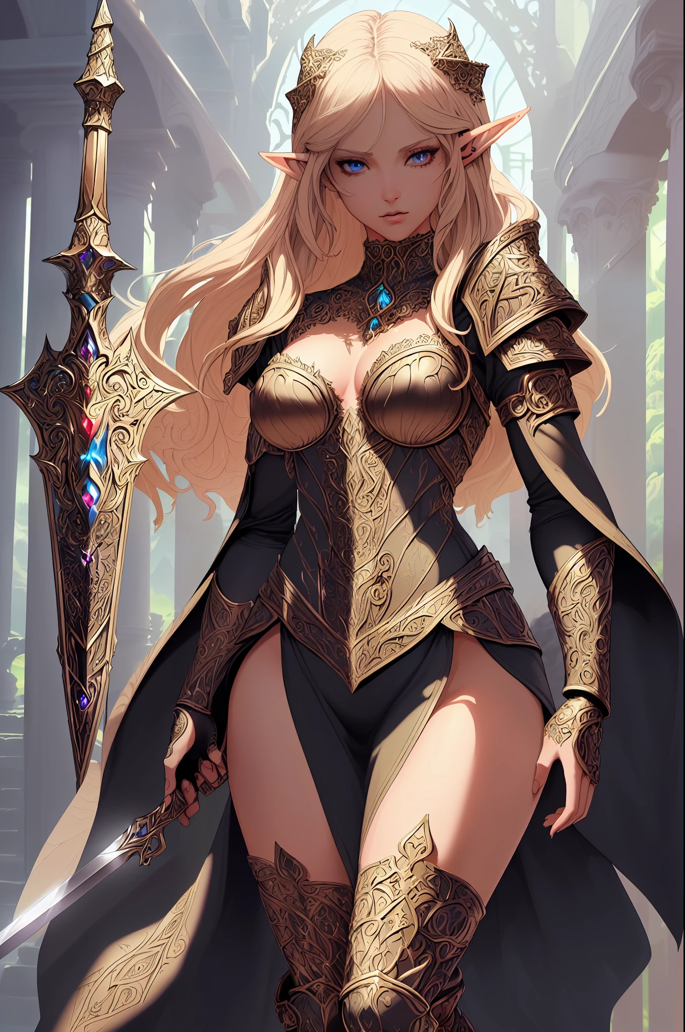 high details, best quality, 8k, [ultra detailed], masterpiece, best quality, (extremely detailed), dynamic angle, ultra wide shot, RAW, photorealistic, fantasy art, dnd art, rpg art, realistic art, a wide angle picture of an epic female elf, arcane warrior, warrior of magic, fighter of the arcana, full body, [[anatomically correct]] [full body] (intricate details, Masterpiece, best quality: 1.5), casting a spell, [colorful magical sigils in the air], [colorful arcane sigils floating]  (intricate details, Masterpiece, best quality: 1.6), holding an [epic magical sword]  (intricate details, Masterpiece, best quality: 1.5) holding epic [magical sword glowing in red light] (intricate details, Masterpiece, best quality: 1.5) . in fantasy urban street ( (intricate details, Masterpiece, best quality: 1.5), a female beautiful  elf,  wearing elven leather armor  (intricate details, Masterpiece, best quality: 1.5) , high heeled leather boots, ultra detailed face (intricate details, Masterpiece, best quality: 1.5) , thick hair, long hair, dynamic hair, fair skin intense eyes, fantasy city background (intense details), sun light, backlight, depth of field (intricate details, Masterpiece, best quality: 1.5) , dynamic angle,  (intricate details, Masterpiece, best quality: 1.5), 3D rendering, high details, best quality, highres, ultra wide angle