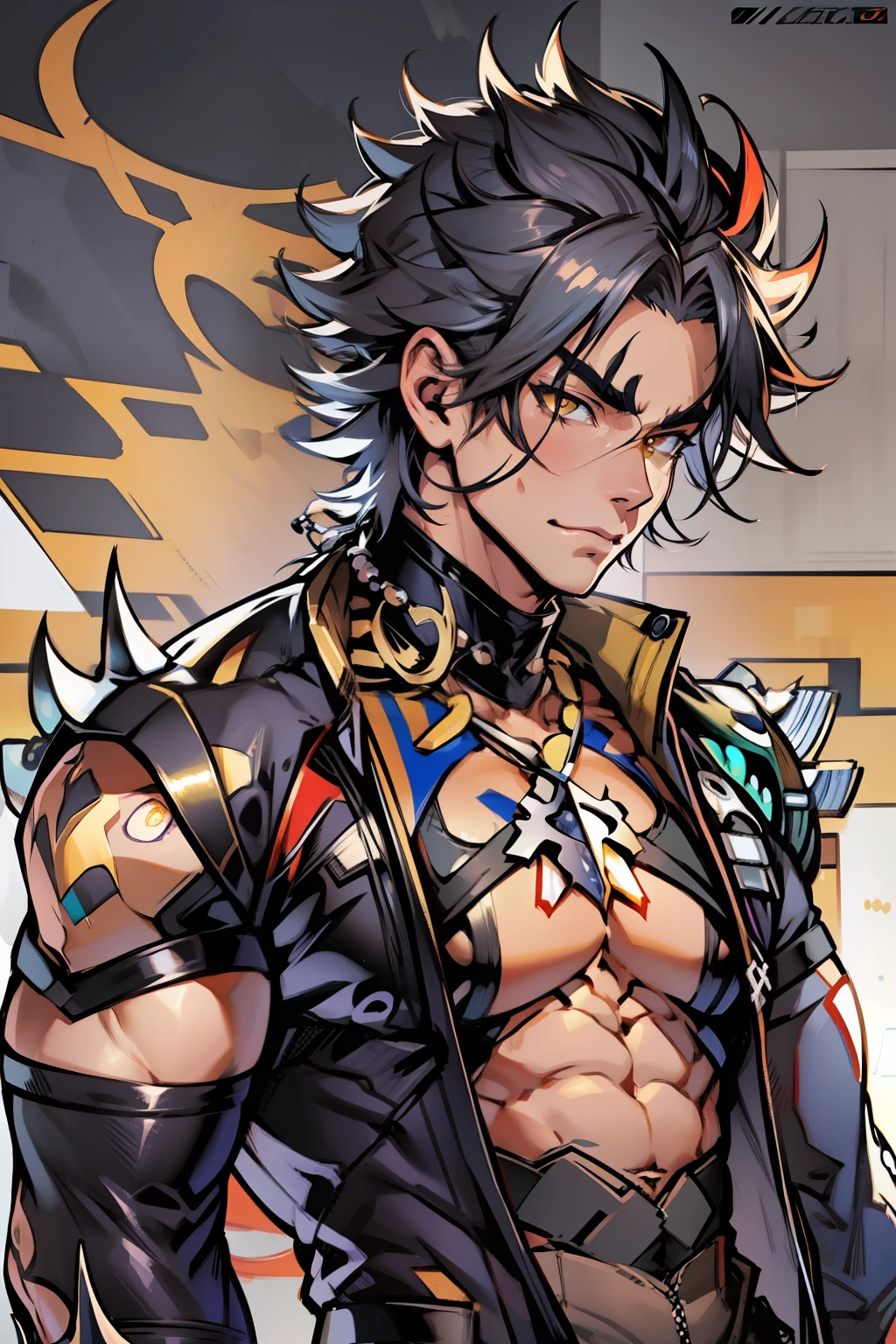 《the original god》Arataki Kazuto , male people，，((Masterpiece)), ((Best quality)), Ultra detailed,((illustration)), Dynamic Angle, Detailed light, (Delicate eyes), Floating, 1boy, Male focus, Head, Clothing, Yellow eyes, necklace, tattoo, (Forehead:0.8), (ahoge:0.8), jewelry, apathy，Ray， chest muscle， Sexy , Venom symbiote for your body, Black mucus of the body , （into venom）, Venom，frontage，style of anime4 K， 4K anime wallpaper， Badass anime 8 K， 4 k comic wallpaper， young anime man， Anime boys， Anime wallpapers 4 k， Anime wallpaper 4K， High quality anime art style， Anime moe art style， Anime art wallpaper 8 K， Anime art wallpaper 4 K， RGB lighting