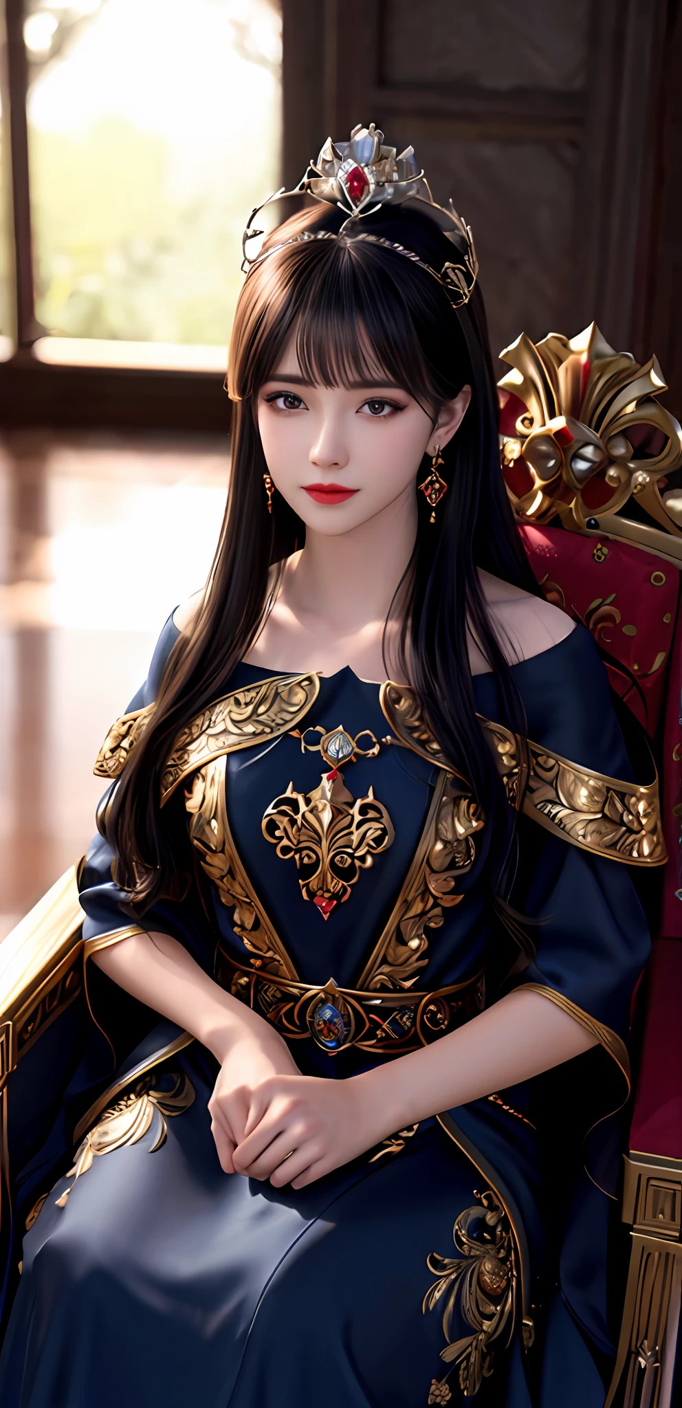 (realisticity: 1.2), best quality, 8K UHD, masterpiece, highres,cg,
1 super detailed girl, super detailed queen
, sitting on a super detailed royal throne, lud, xurious royal palace background, beautiful and detailed, super detailed long hair, wearing a beautiful and luxurious crown with diamonds and super detailed,
super detailed dress,
solo, jewelry, super detailed red and blue dress, pretty face, beautiful, and super detailed,
, earrings, super detailed hairdo, splashing, the upper body is very super detailed, super detailed hair bun, super detailed black hair,
lighting,candid,Photograph,high resolution,4k,8k,Bokeh,