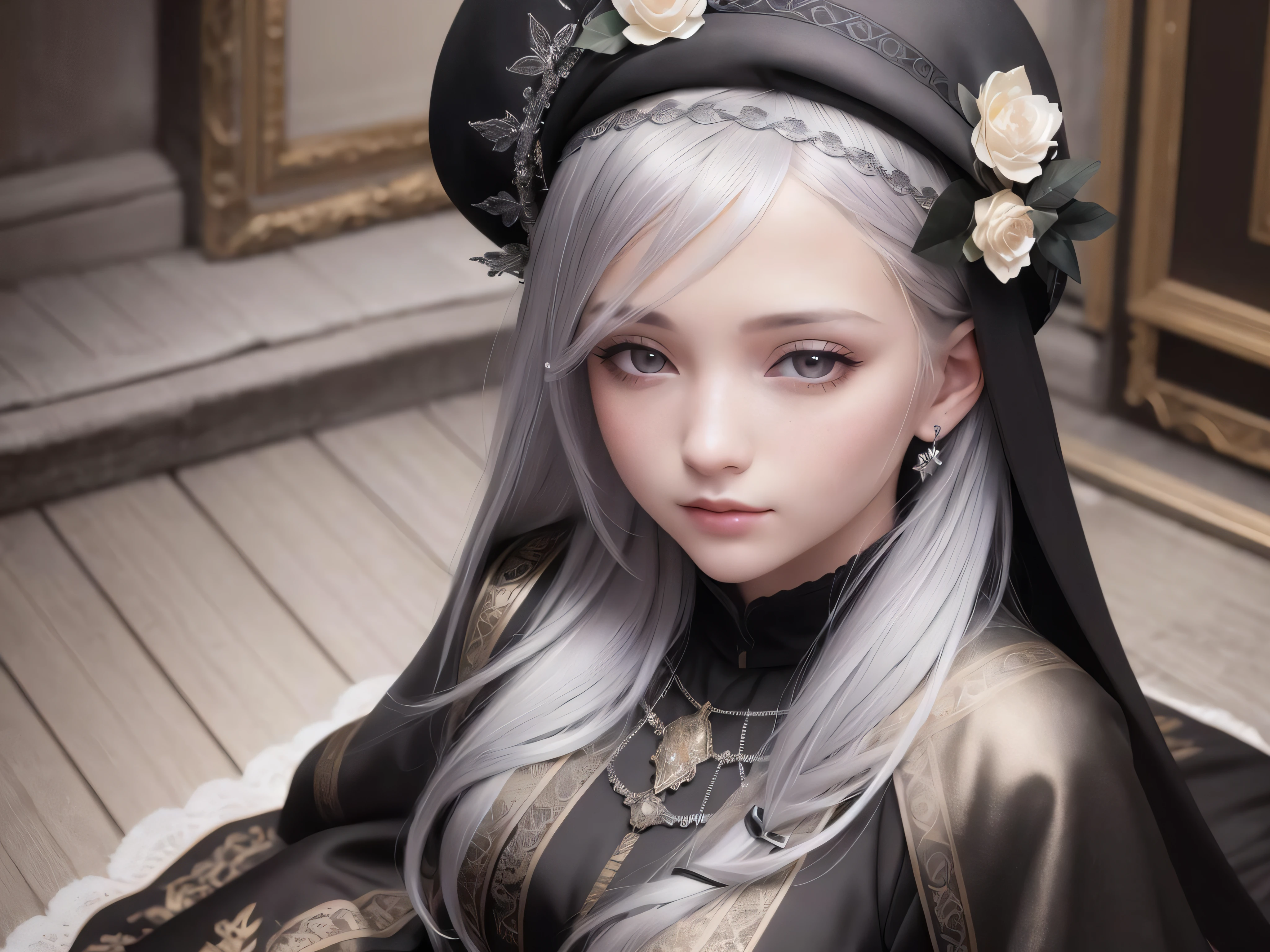 (best quality), (realistic), (photorealistic), masterpiece, extremely detailed, RAW photo,
hard shadow, real face, real skin, realistic face, realistic skin, detailed eyes, detailed facial features, detailed clothes features, detailed face, beautiful eyes, detailed eyes, perfect body,
Vallaria with freckles on face, silver hair and grey blue eyes, solo, wearing dark beret with golden rim and black head ribbons, intricate black cloak and intricate white robe,
((sitting on the edge of cliff)), ((fantasy)), wide view, landscape, high mountains, snow