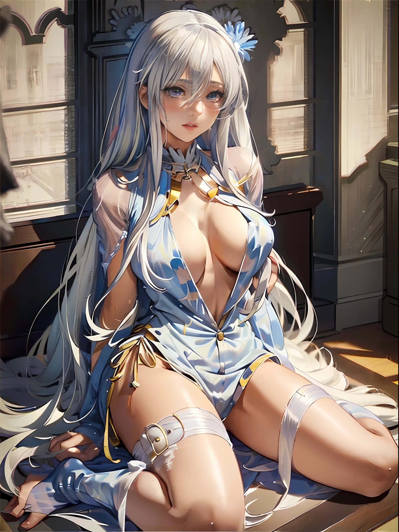 (Enrich the picture,Masterpiece level quality)Beautiful 8K CG artwork,Goddess-like posture,Kneeling exercise,Slim and soft,Translucent skin,White hair、The beauty of extra-long hair, Super Long Straight Hair,The skin is fair and juicy,Big JK Uniform,Perspective Part 1.2x enhanced silhouette effect,Exquisite transparent blues pattern in pajamas,The details are intricate and exquisite,The background is slightly blurred,Charming and lustful leg seduction,Drool,Extra-large big breasts,Blush,