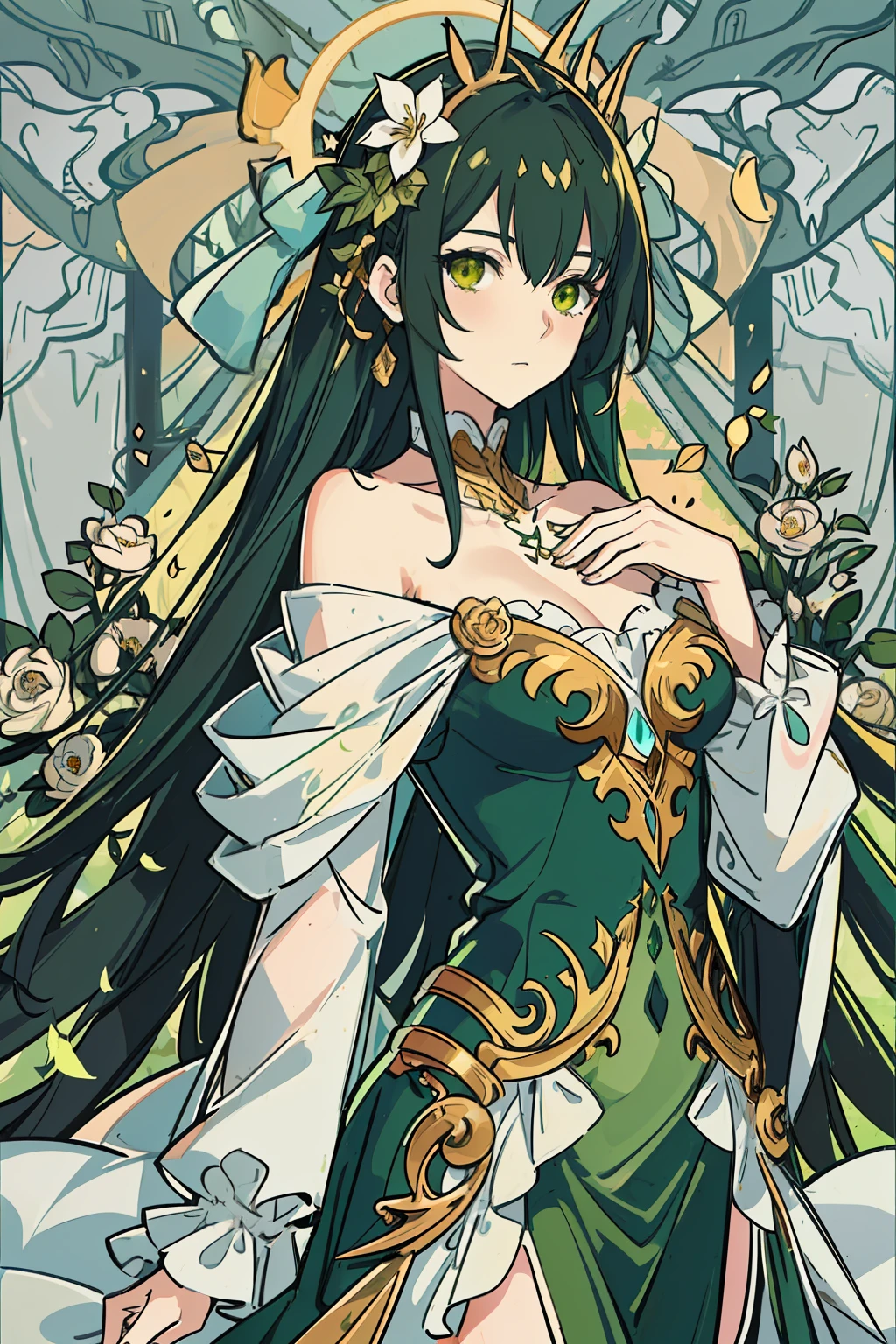 A woman of fragile build with long green hair and golden eyes. The girl is wearing a green silk off-the-shoulder dress. She stands in the forest in a clearing. The girl's body is wrapped around the vines. Vines near the girl. Serious expression on his face. beautiful detail eyes. Fields with flowers. Sun light. day light. beatiful face, handsome body.