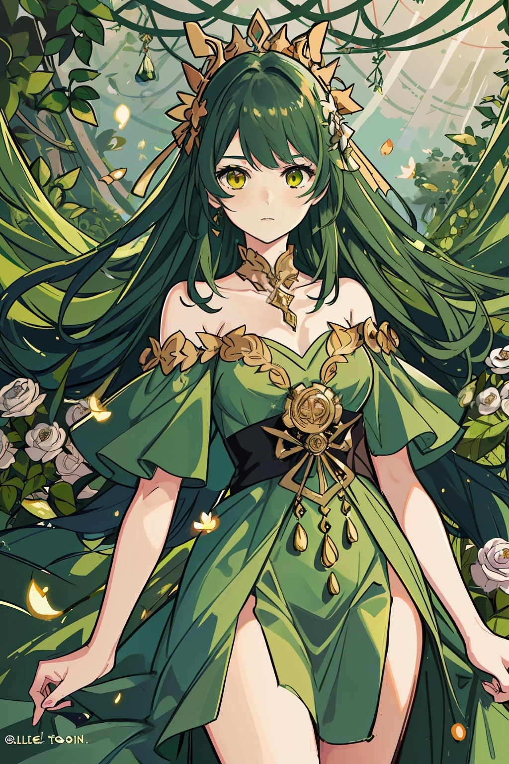 A woman of fragile build with long green hair and golden eyes. The girl is wearing a green silk off-the-shoulder dress. She stands in the forest in a clearing. The girl's body is wrapped around the vines. Vines near the girl. Serious expression on his face. beautiful detail eyes. Fields with flowers. Sun light. day light. beatiful face, handsome body.