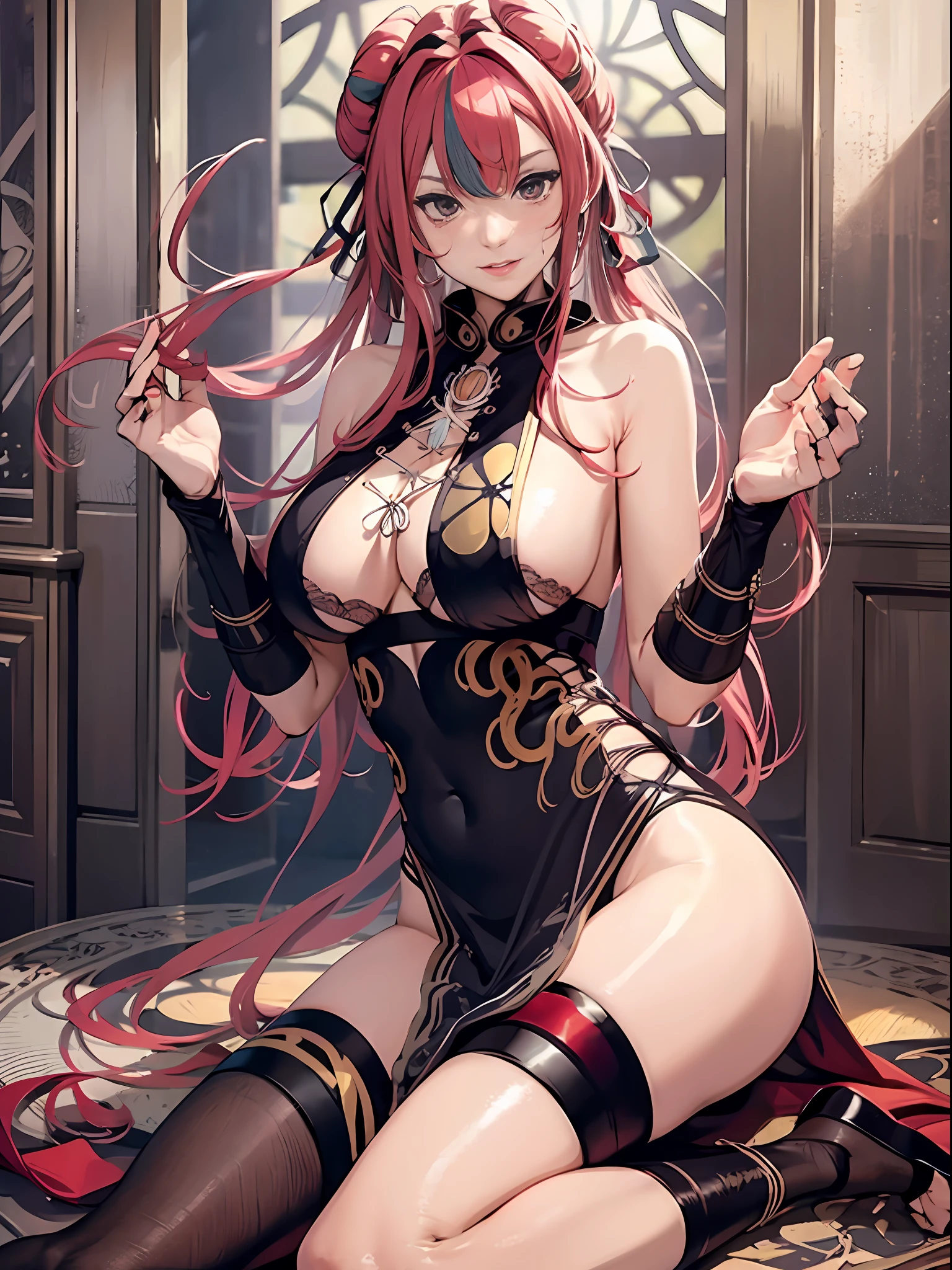(Enrich the picture,Masterpiece level quality)Beautiful 8K CG artwork,Goddess-like posture,Kneeling exercise,Slim and soft,Translucent skin,Red hair hair、The beauty of extra-long hair, Super Long Straight Hair,The skin is fair and juicy,Big JK Uniform,Perspective Part 1.2x enhanced silhouette effect,Exquisite transparent blues pattern in pajamas,The details are intricate and exquisite,The background is slightly blurred,Charming and lustful leg seduction,Drool,Extra-large big breasts,Blush,