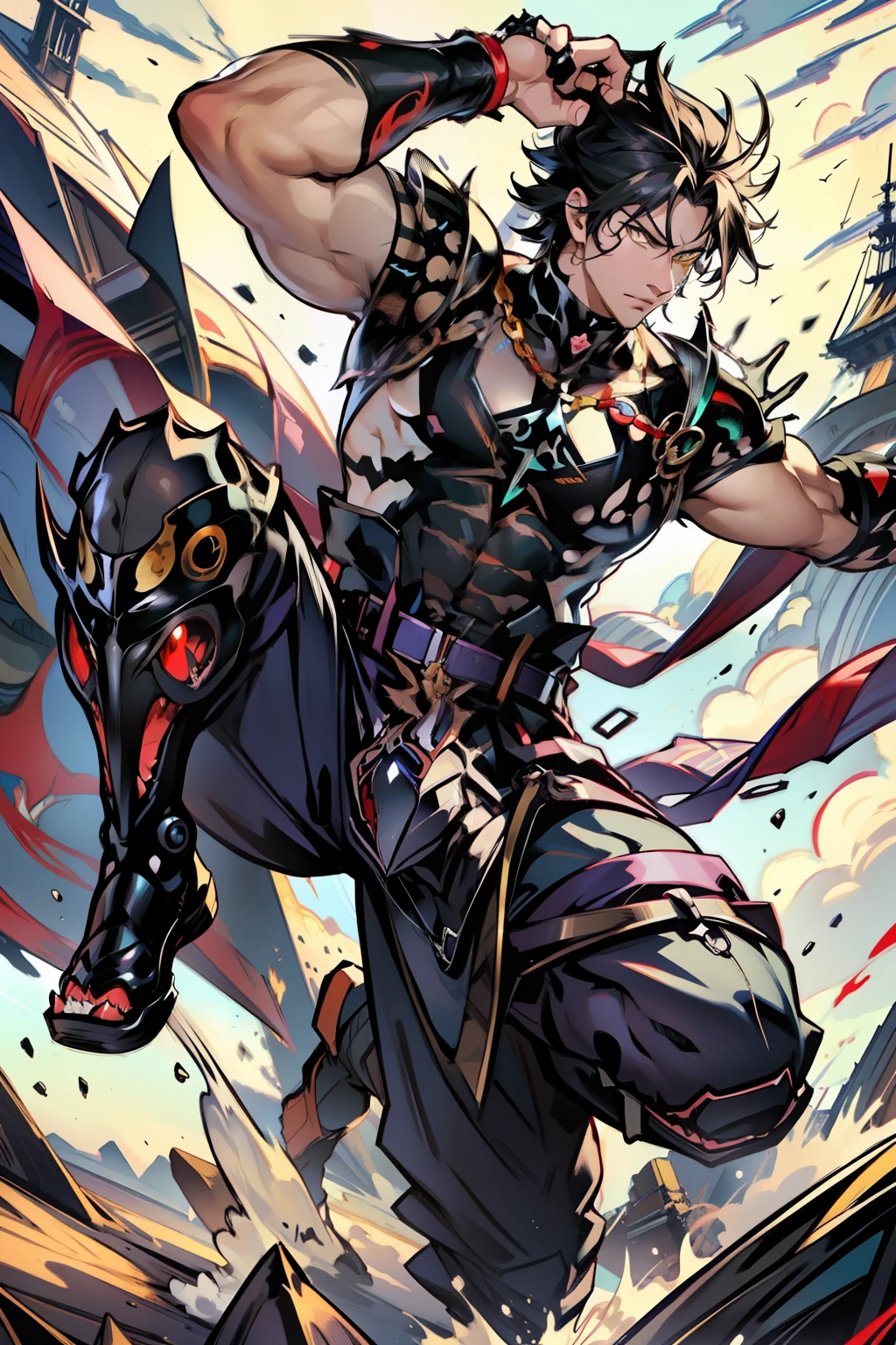 《the original god》Arataki Kazuto , male people，，((Masterpiece)), ((Best quality)), Ultra detailed,((illustration)), Dynamic Angle, Detailed light, (Delicate eyes), Floating, 1boy, Male focus, Head, Clothing, Yellow eyes, necklace, tattoo, (Forehead:0.8), (ahoge:0.8), jewelry, apathy，Ray， chest muscle， Sexy , Venom symbiote for your body, Black mucus of the body , （into venom）, Venom，frontage，style of anime4 K， 4K anime wallpaper， Badass anime 8 K， 4 k comic wallpaper， young anime man， Anime boys， Anime wallpapers 4 k， Anime wallpaper 4K， High quality anime art style， Anime moe art style， Anime art wallpaper 8 K， Anime art wallpaper 4 K， RGB lighting