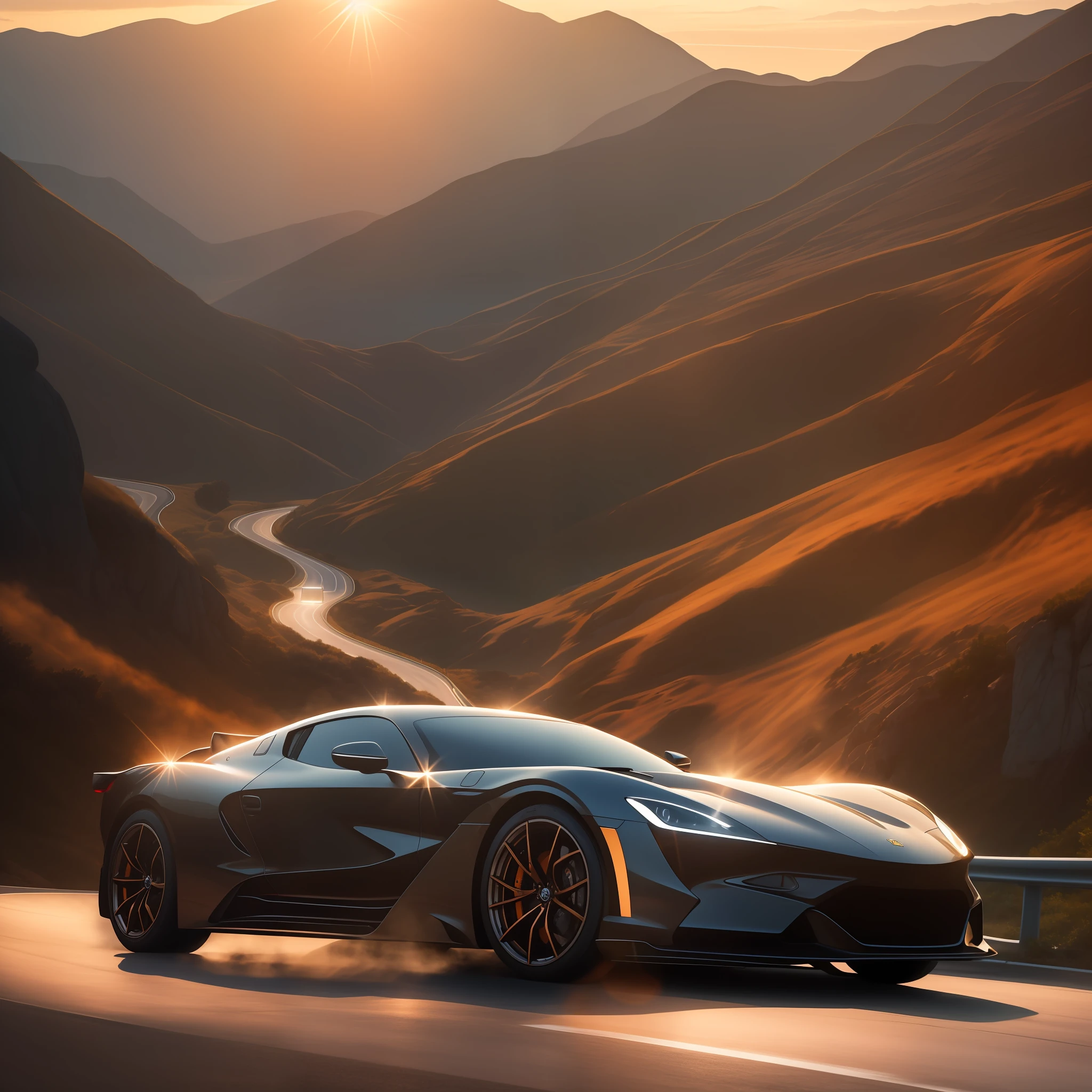 A stunning image of a luxurious sports car racing down a mountain road, showcasing the cutting-edge technology and sophistication of its design. The car's high-performance, aerodynamic design and aerodynamics are captured beautifully, with the sunlightprovided by the setting sun illuminating the vehicle and creating a serene atmosphere. In the foreground, the sunset casts a dreamy, ethereal glow on the mountain road, creating a sense of serenity and serenity in the ethereal, dreamlike world of a high-performance sports car. wide-angle lens, soft lighting, high contrast